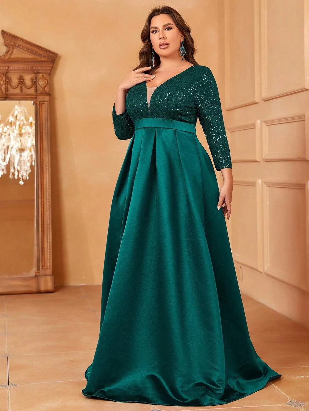 Plus Deep V Neck 3/4 Sleeve Slit A Line Prom Dress