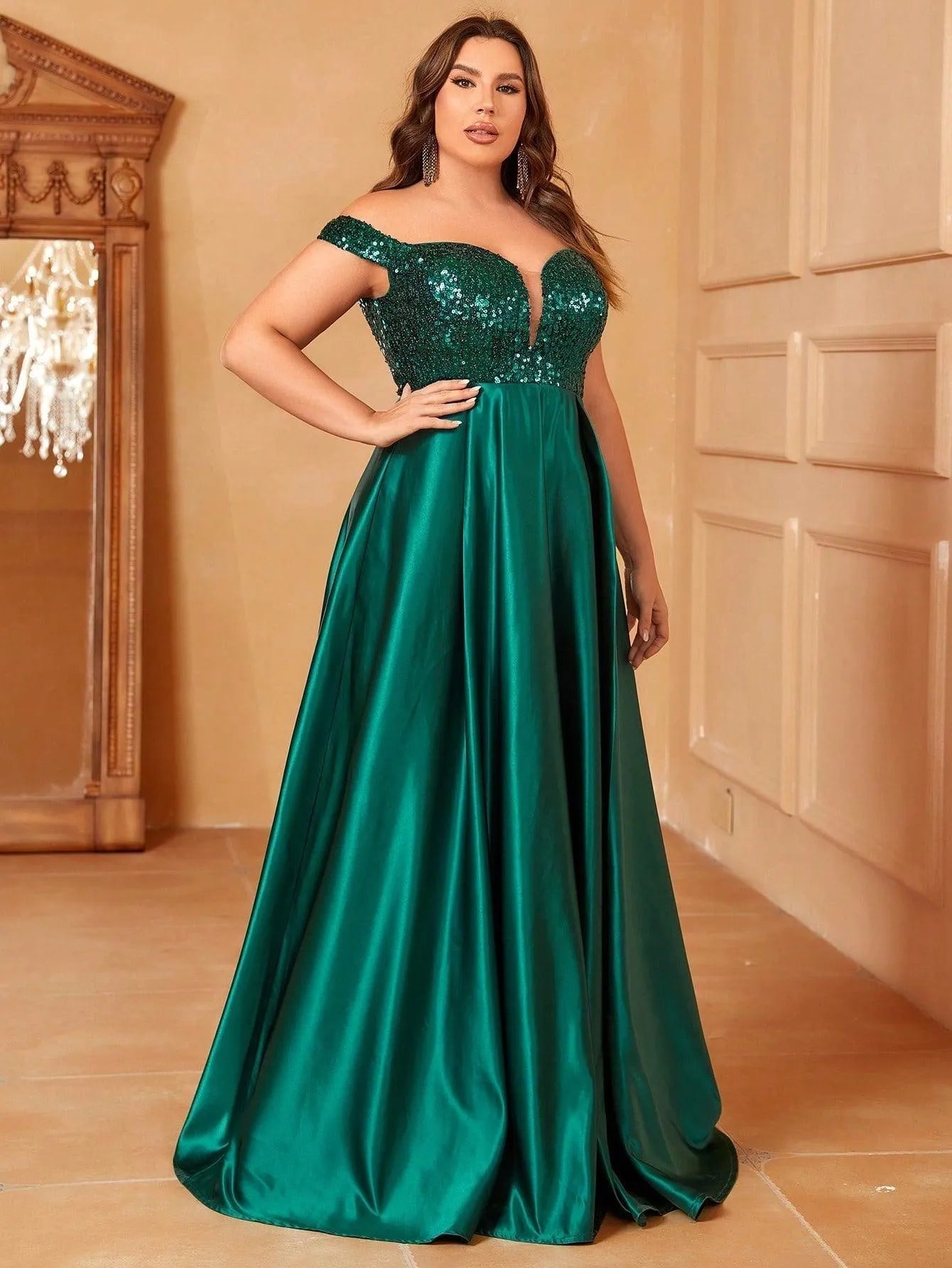 Plus Sweetheart Neckline Contrast Sequin Satin Prom Dress