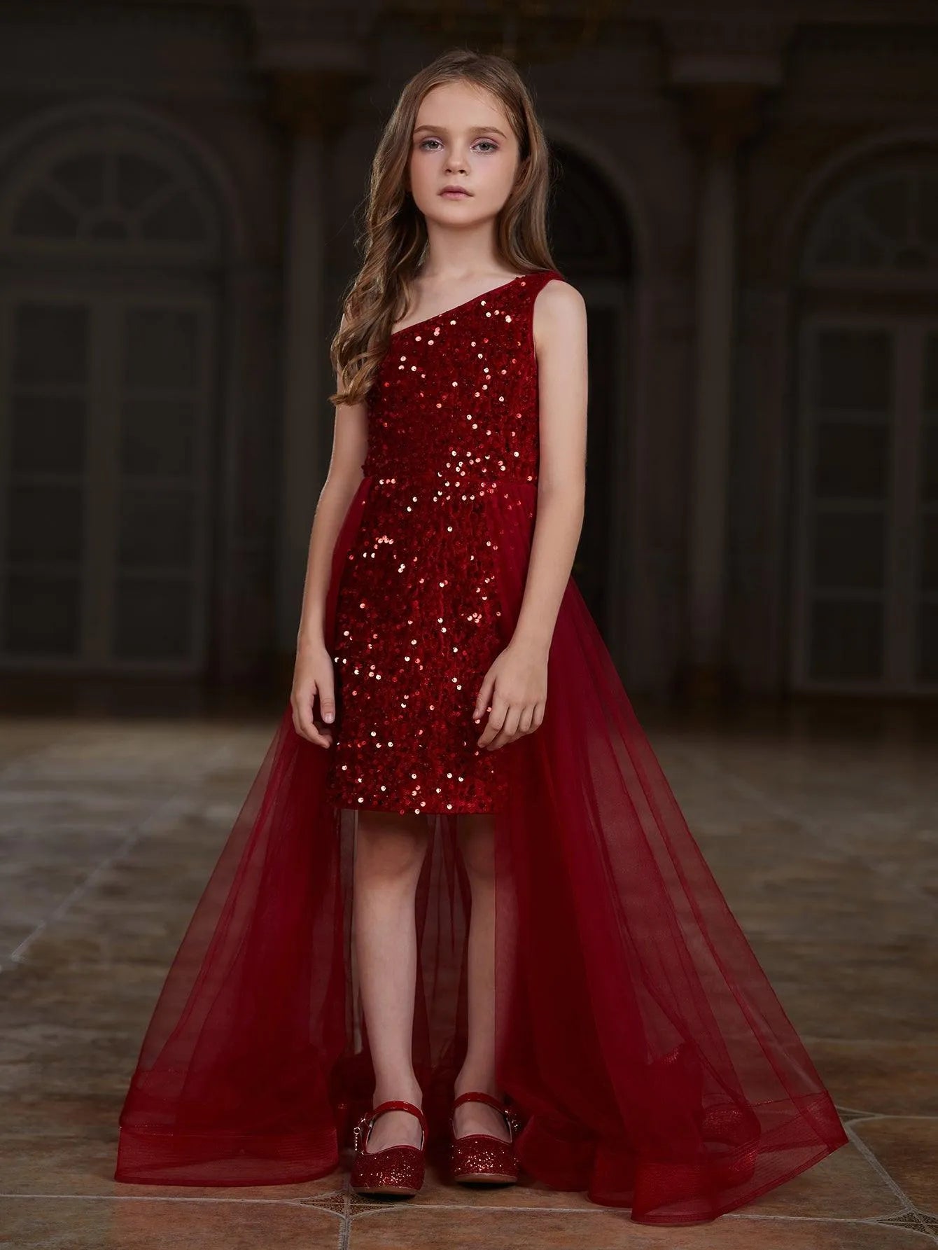 Tween Girls' Asymmetrical Neckline Mesh Overlay Sequin Dress