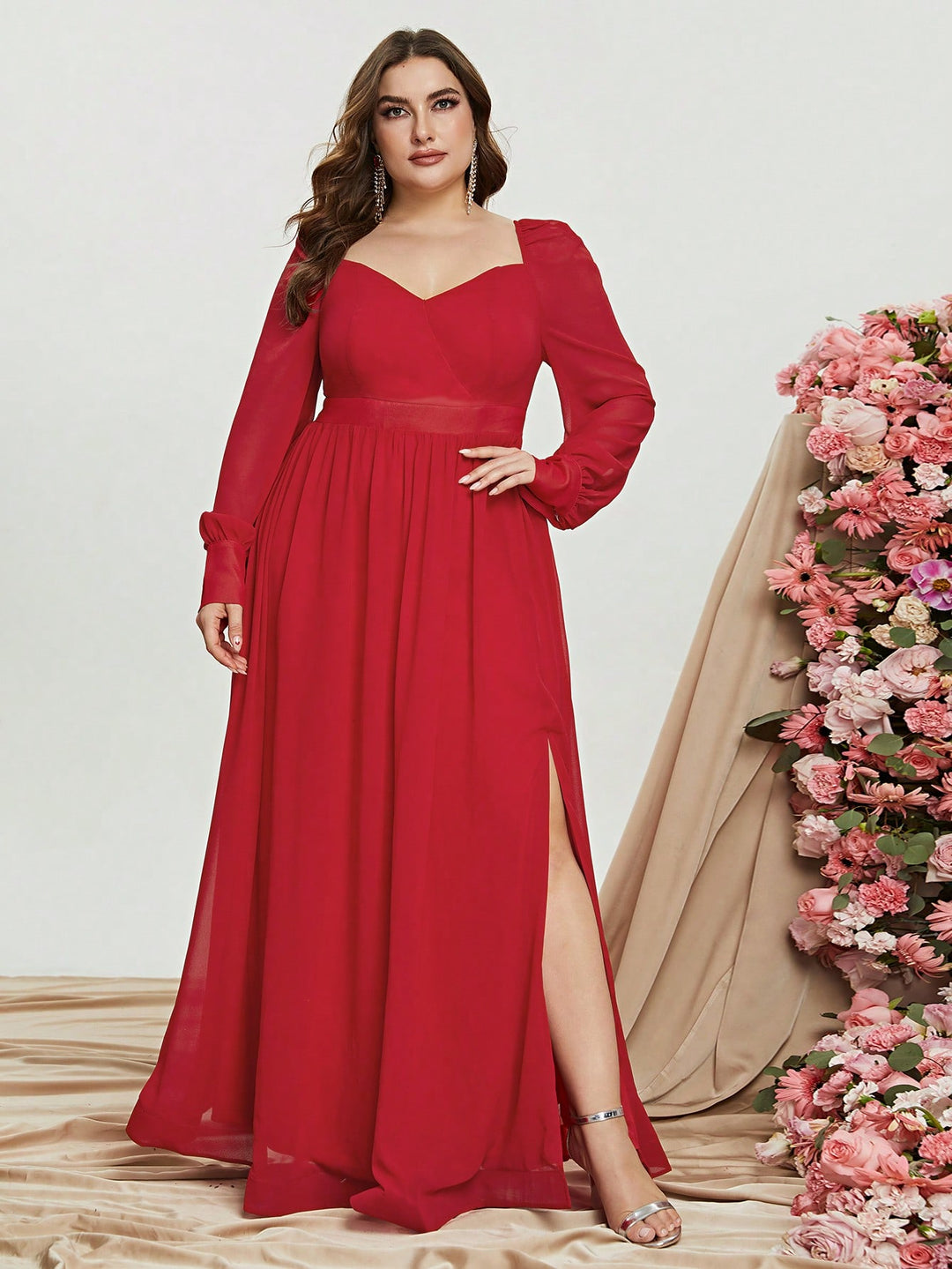 Plus Size Sweetheart Backless Long Sleeve Chiffon A line Dresses