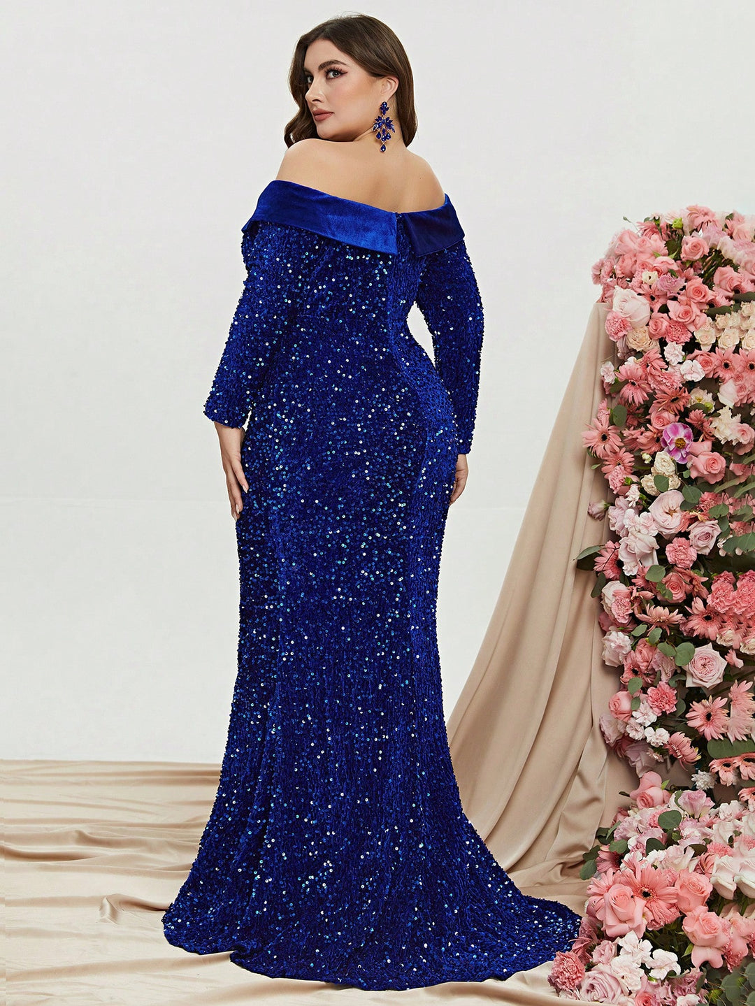 Plus Off Shoulder Long Sleeve Sequin Mermaid Dresses