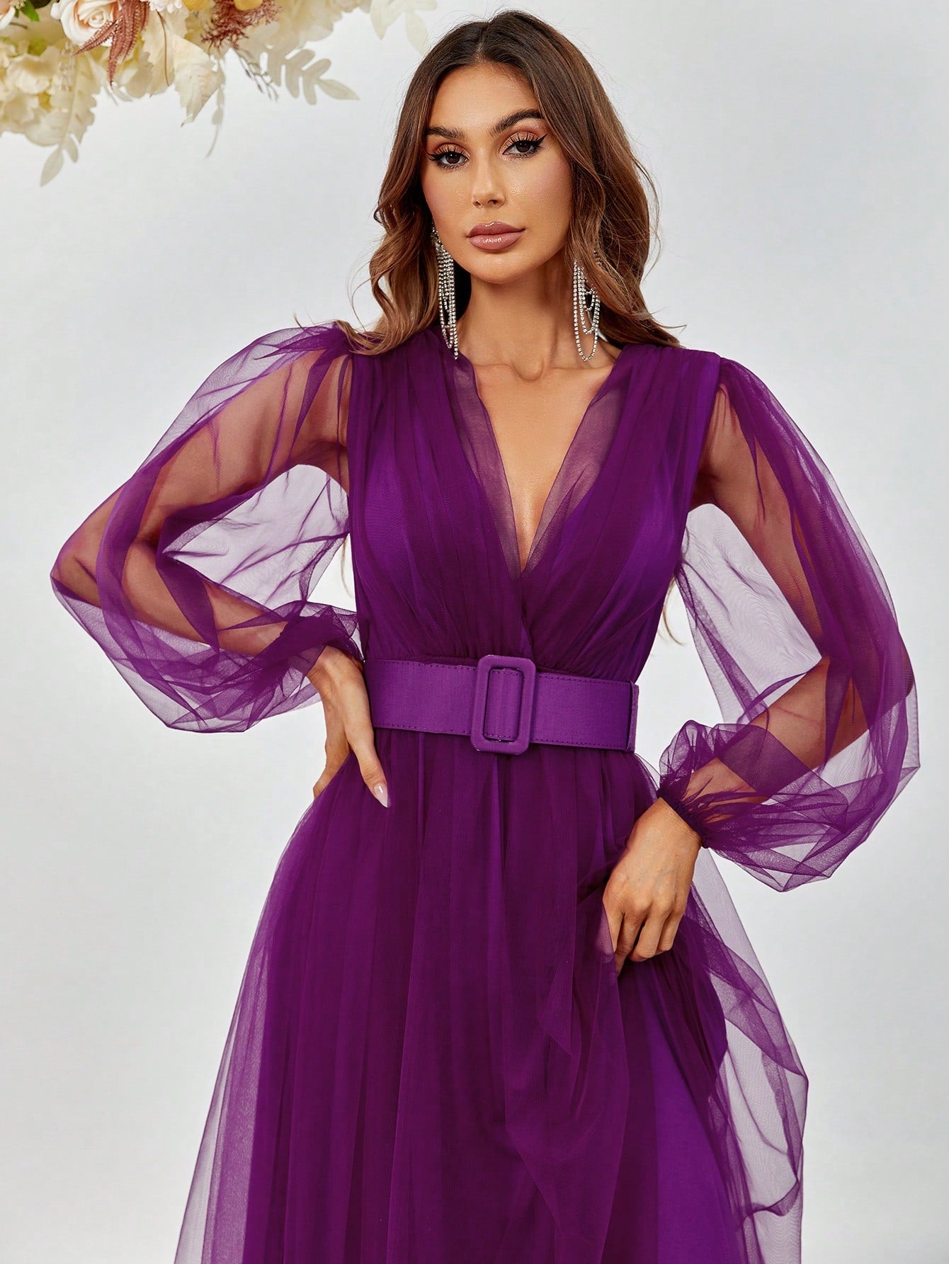 Plunging Neck Lantern Sleeve Buckle Belted Mesh Dress