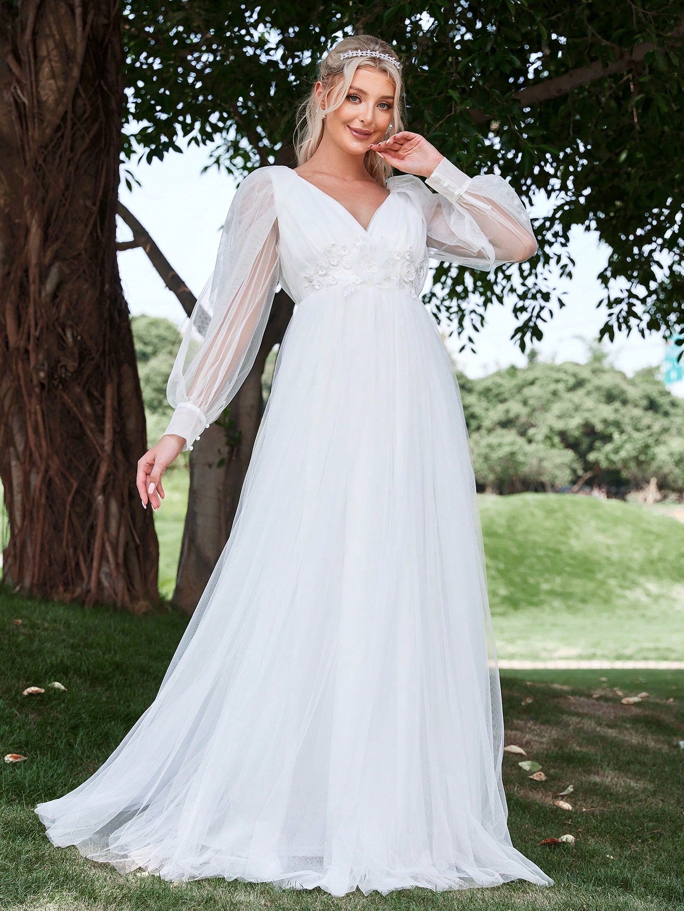 Floral Applique Lantern Sleeve Mesh Wedding Dress