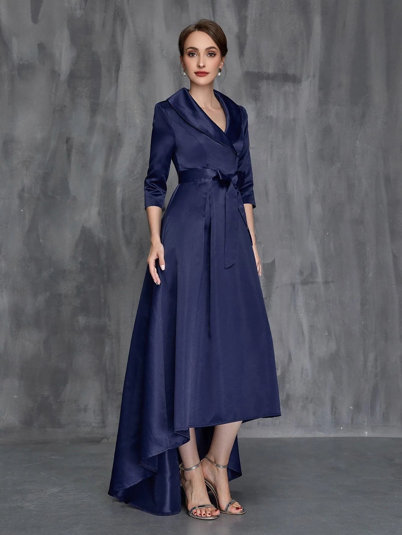 Womens' Shawl Collar High Low Hem Satin Belted Dress