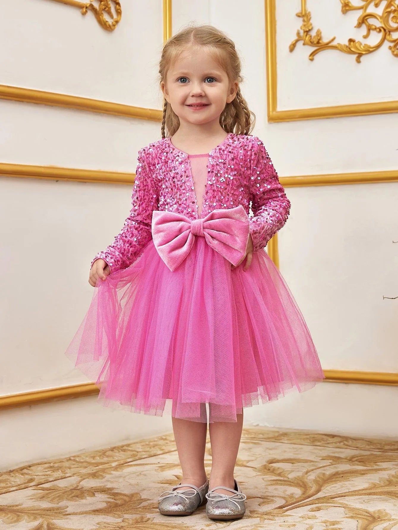 Young Girls' Cute Bow Front Long Sleeve Party Dress