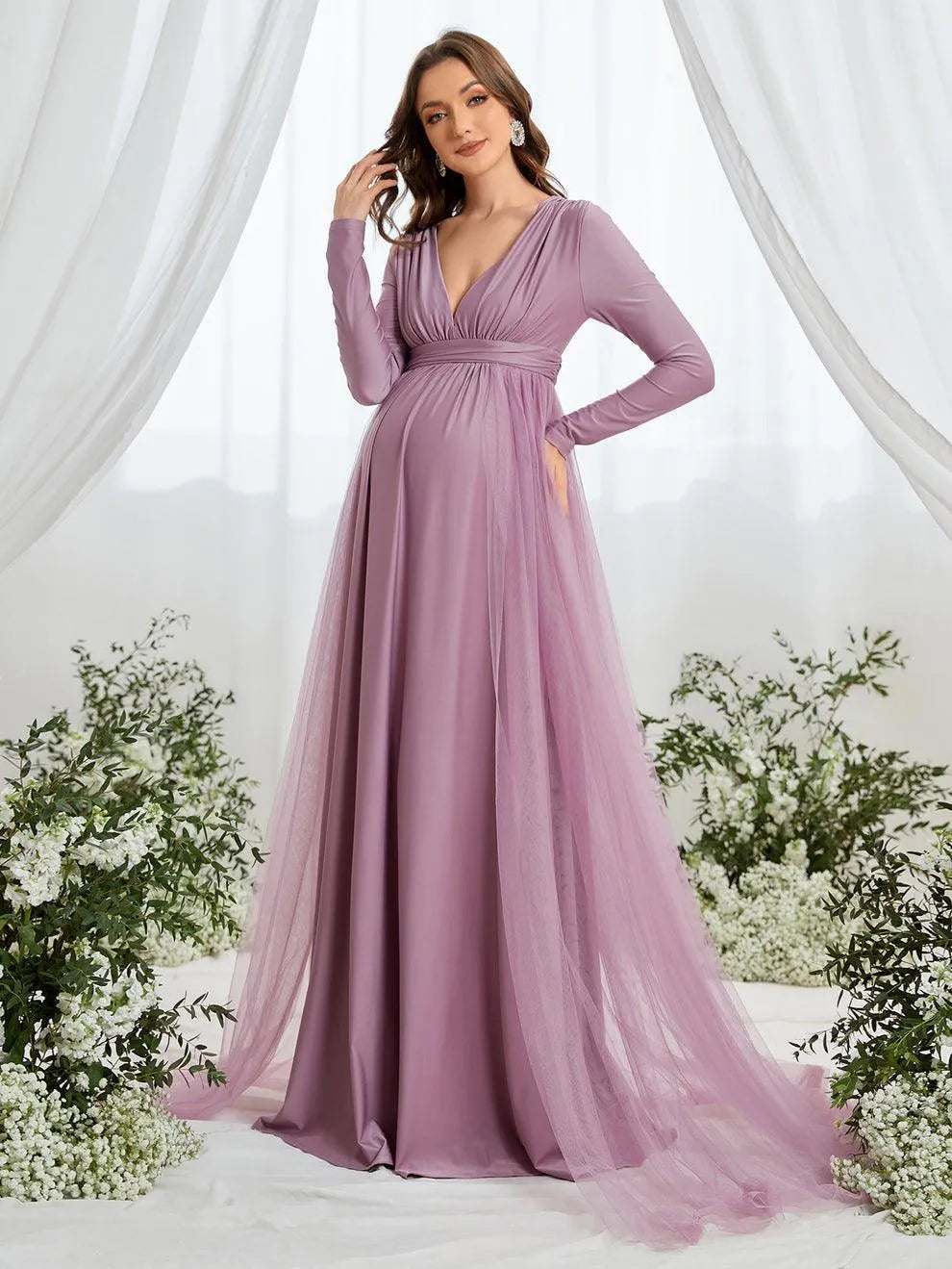 Maternity Plunging Neck Long Sleeve Contrast Mesh Formal Dress