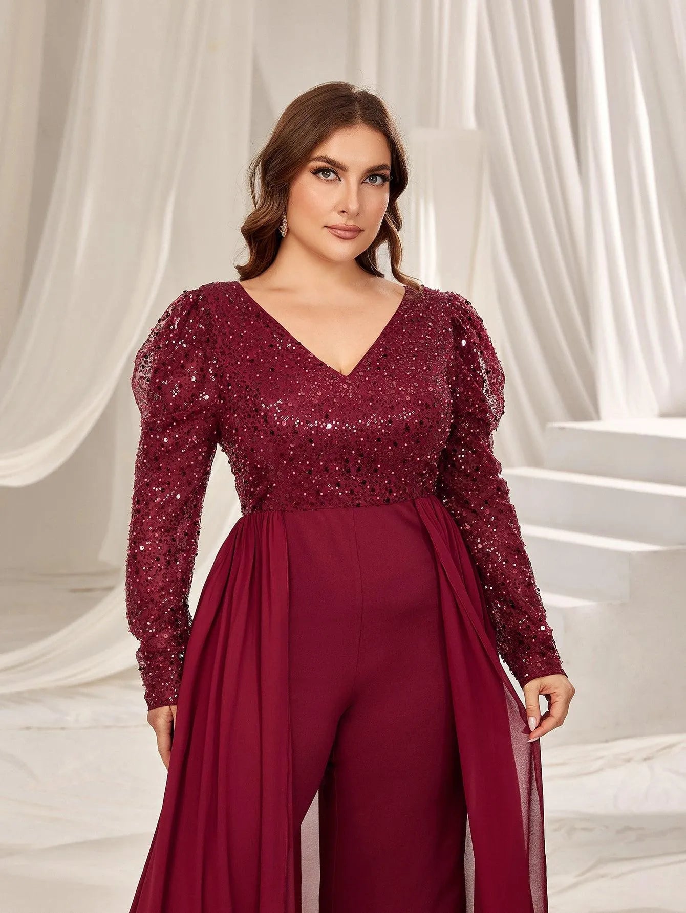 Plus V Neck Gigot Sleeves Sequin Prom Jumpsuit