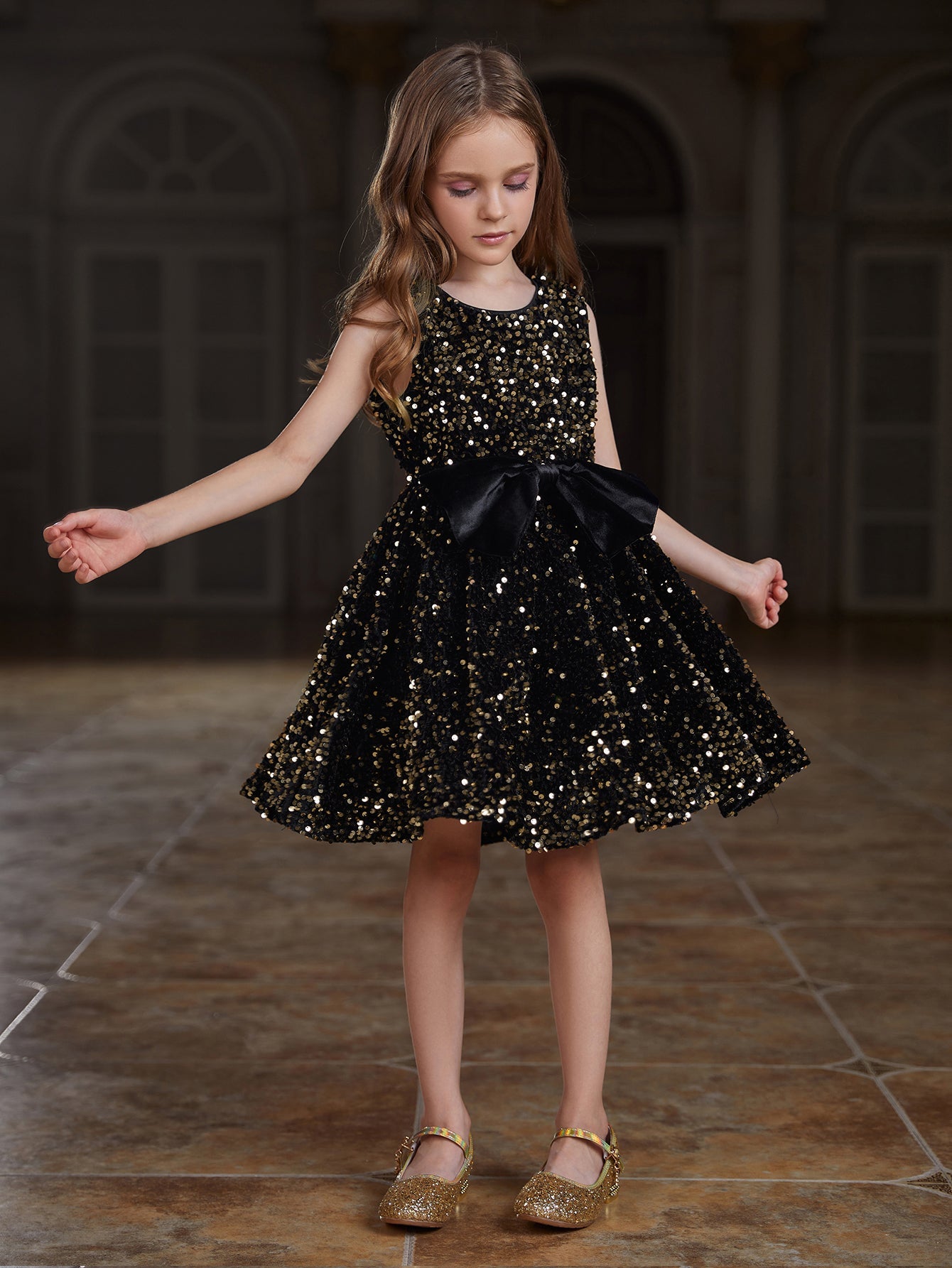 Girl's Cute Sleeveless Bow Front Sequin A Line Dress