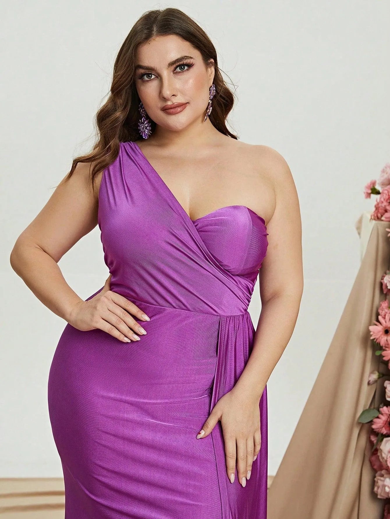 Plus One Shoulder Draped Side Split Thigh Formal Dress