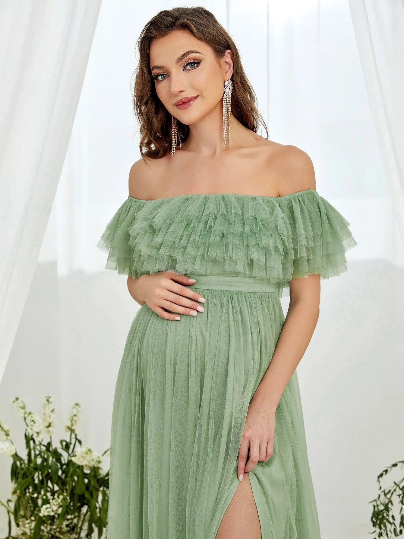 Maternity Off Shoulder Ruffle Trim Mesh Slit Dress