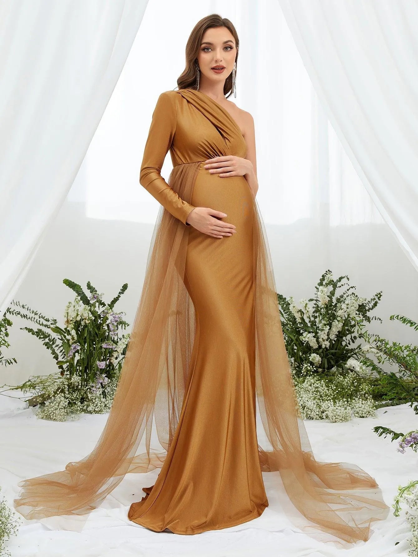 Maternity One Shoulder Cut Out Front Formal Dress