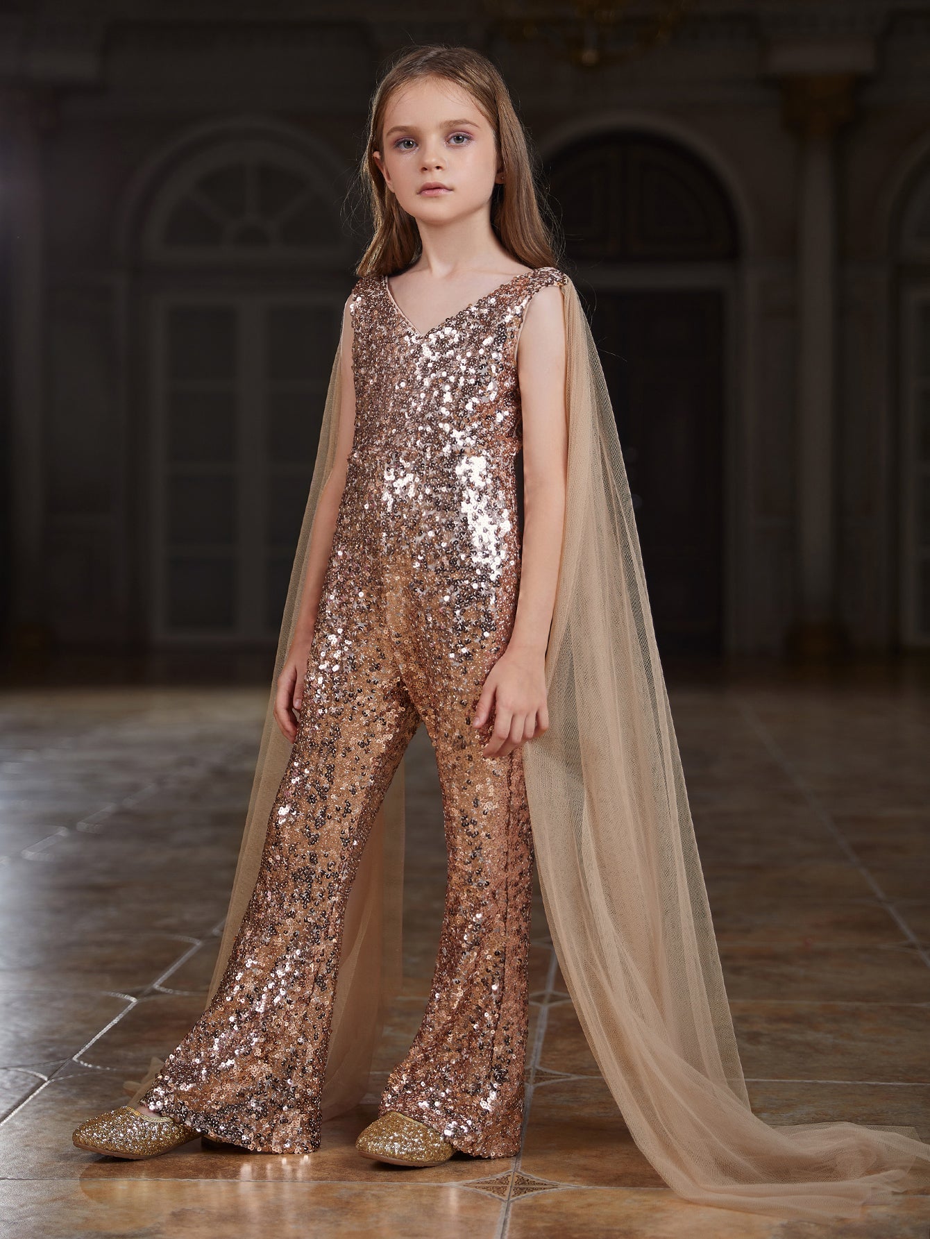 Girl's V Neck Mesh Cloak Sleeve Sequin Jumpsuit