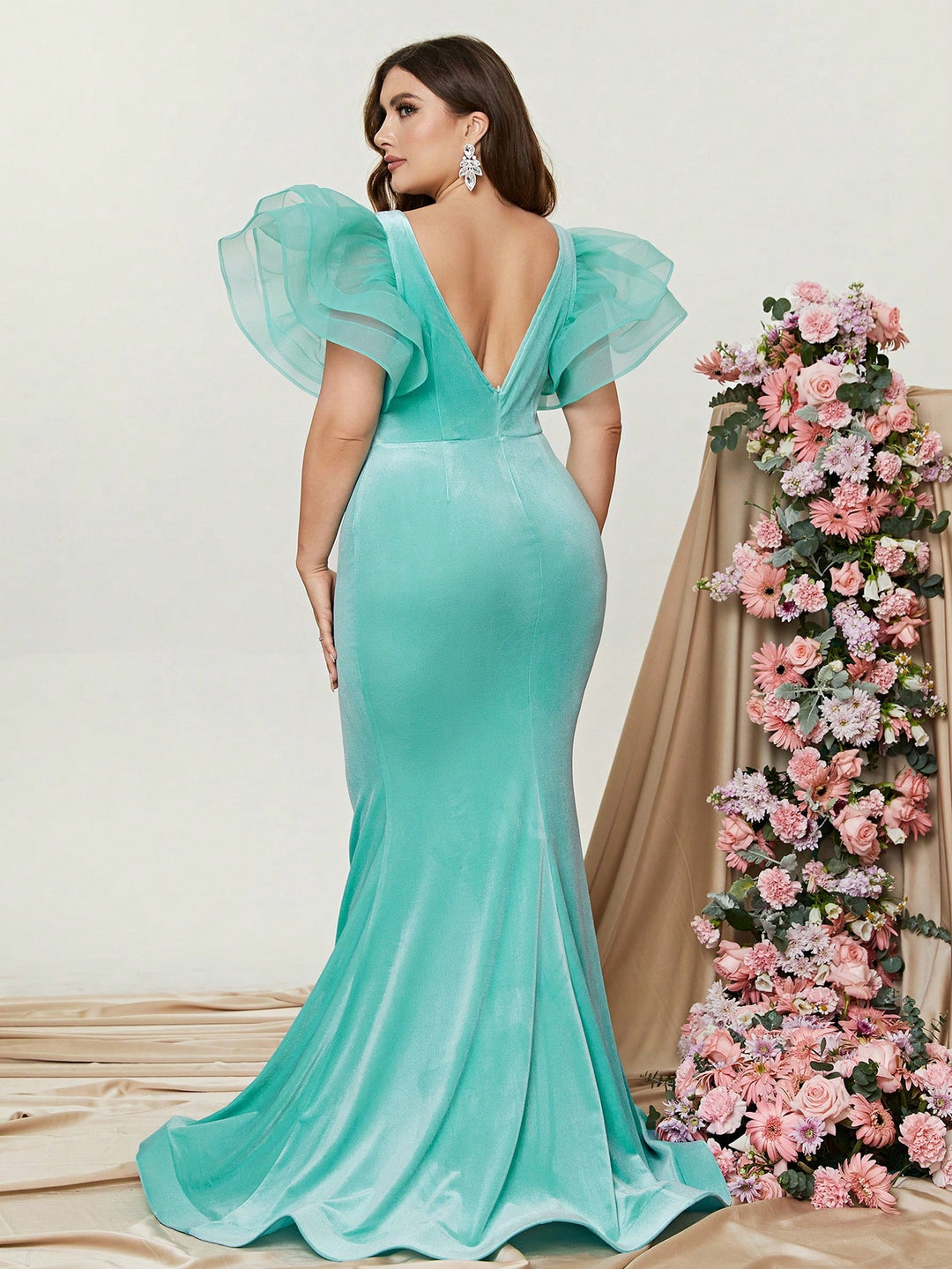 Plus Size Elegant Organza Ruffle Sleeve Velvet Mermaid Dresses