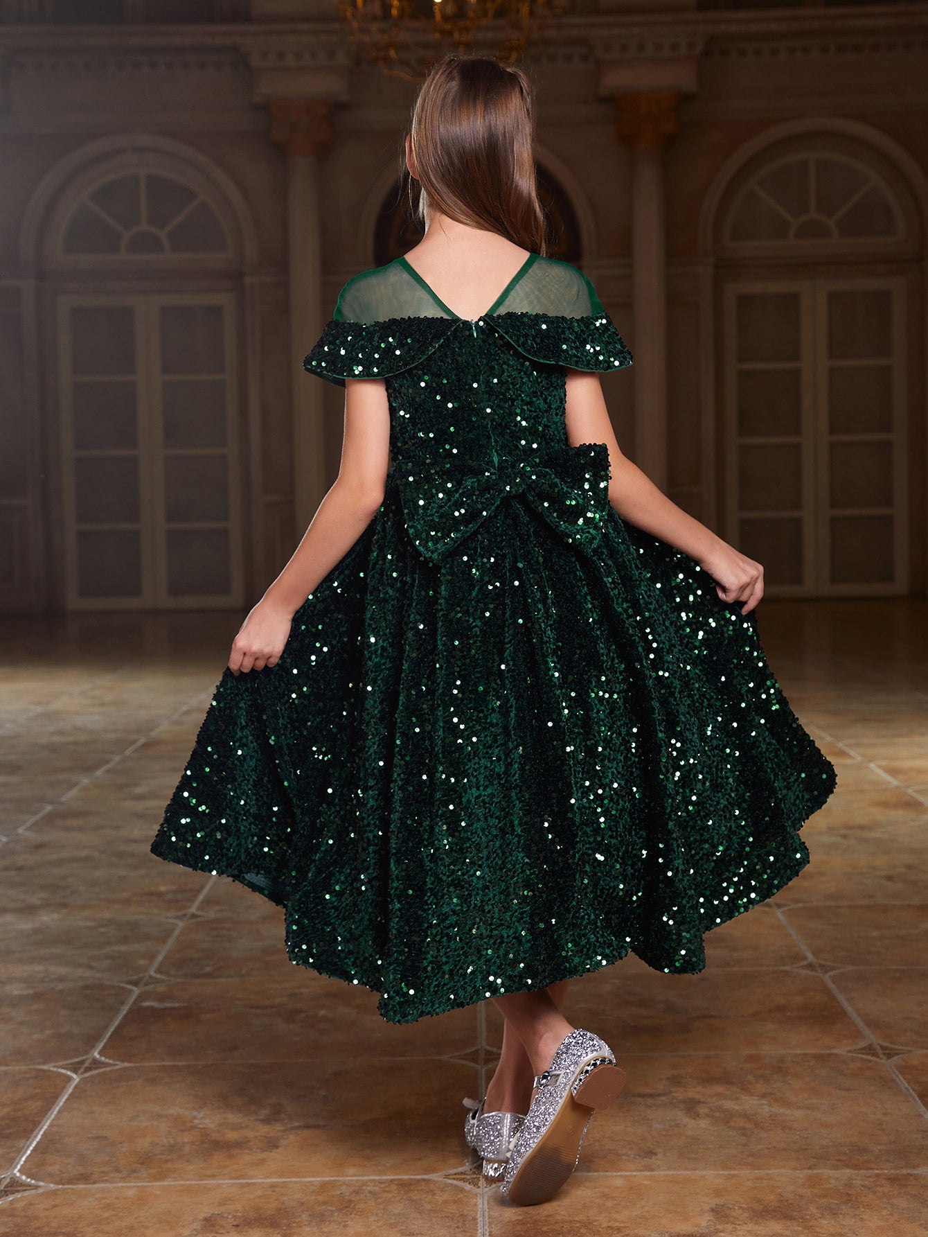 Girl's Contrast Mesh Sequin Prom Dress