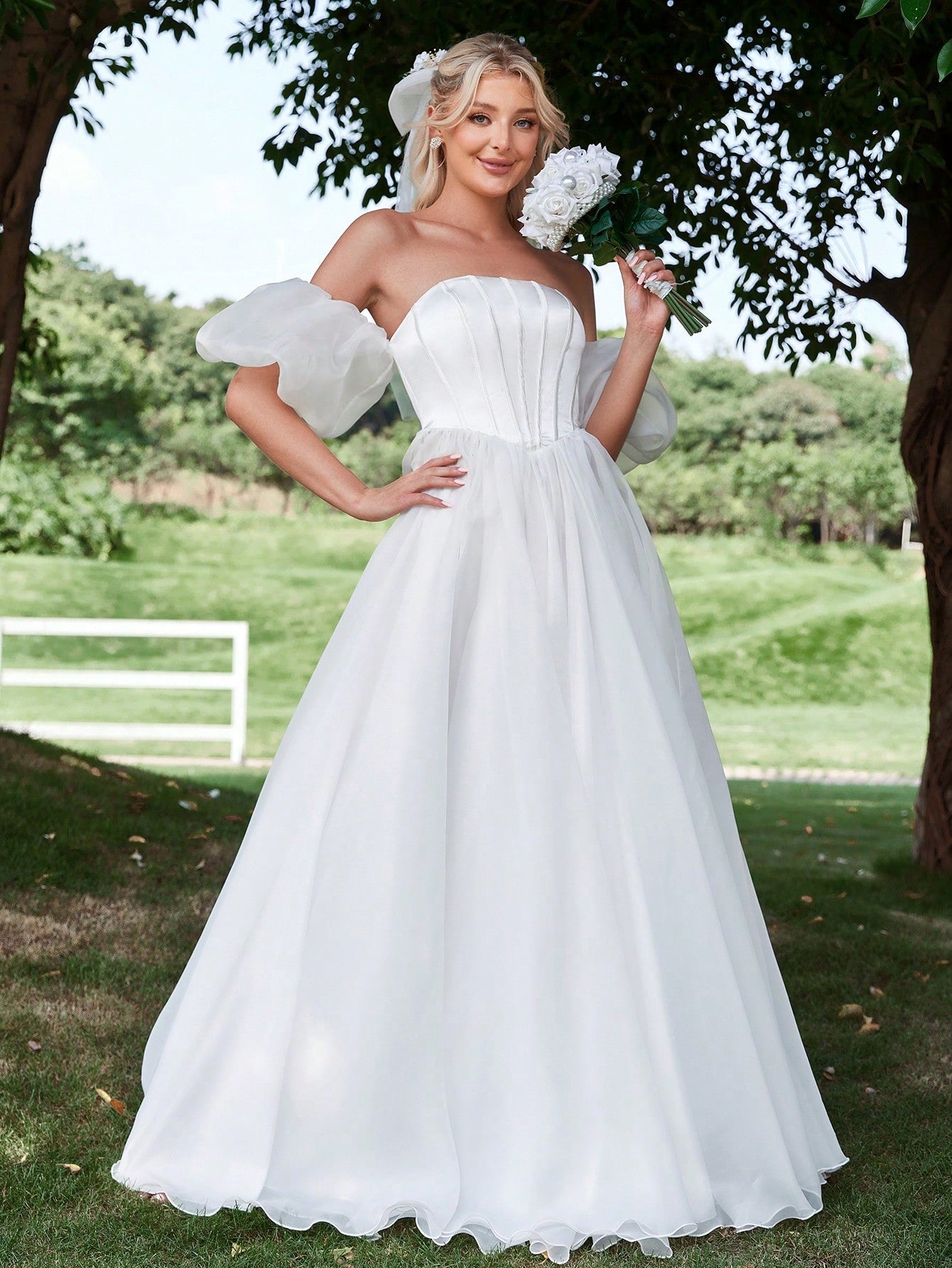 Satin Bodice Contrast Organza Hem Tube Wedding Dresses