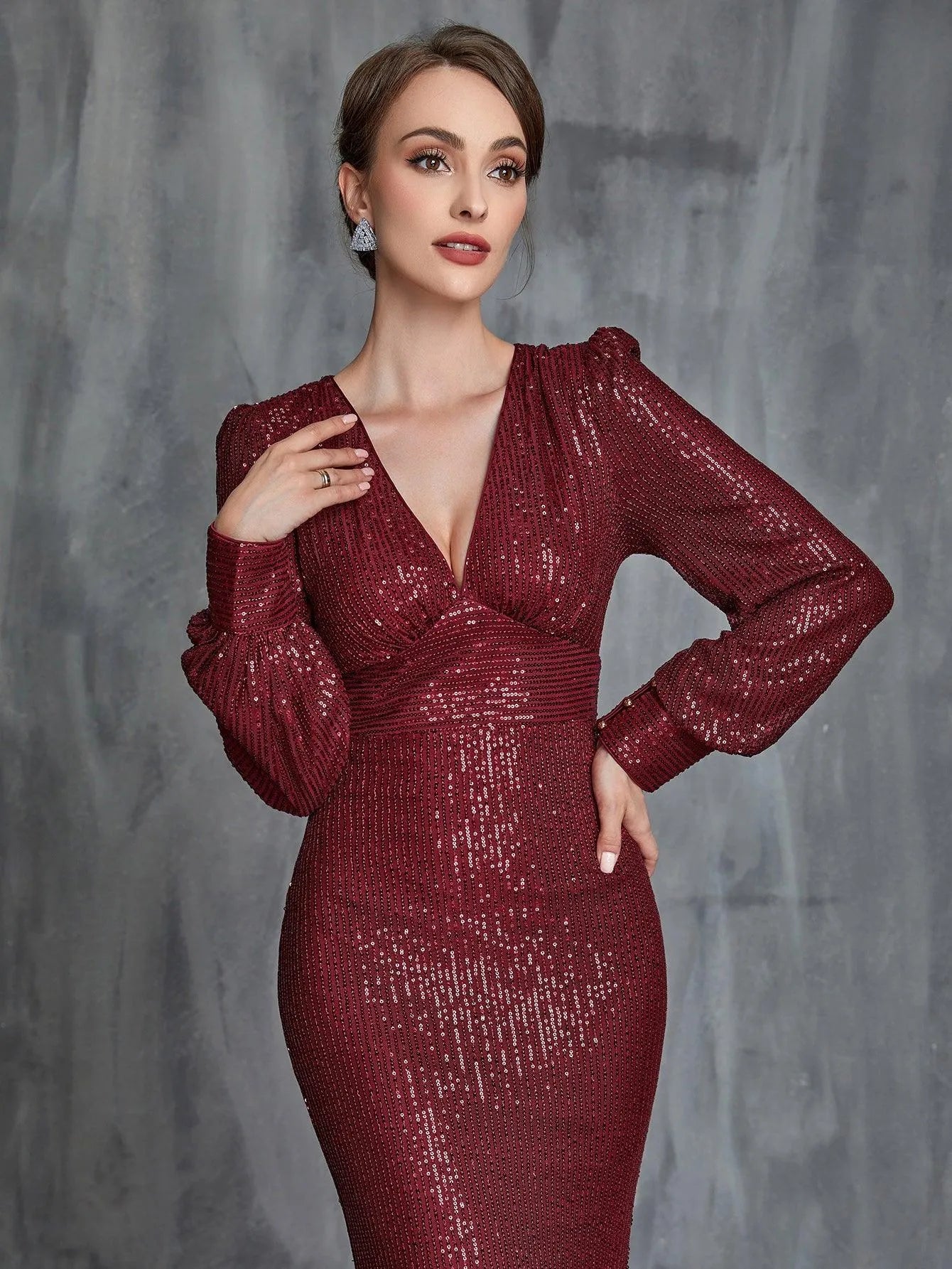 Womens' Plunging Neck Mermaid Hem Sequin Formal Dress