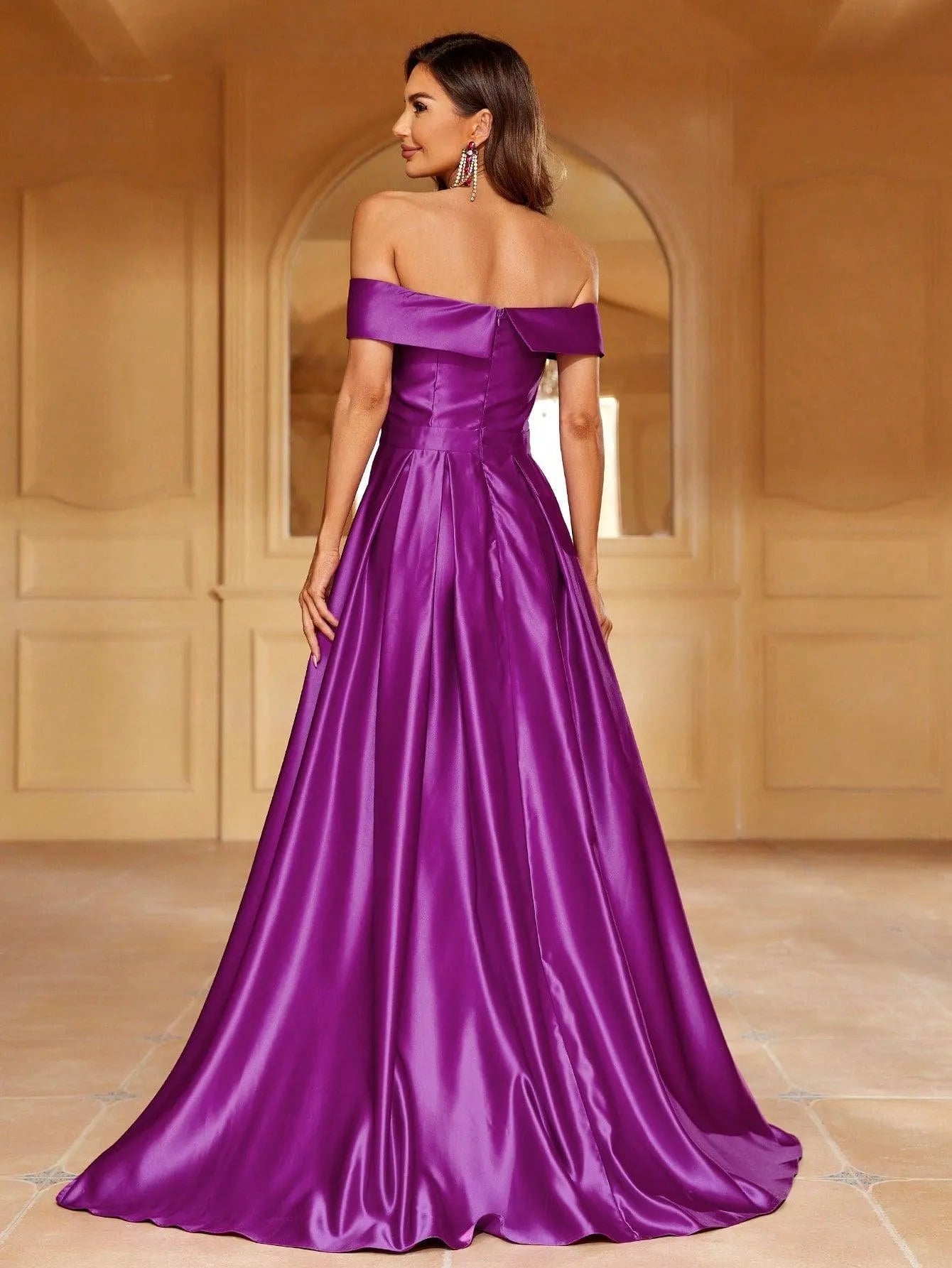 Off Shoulder Floor Length Satin A Line Dress