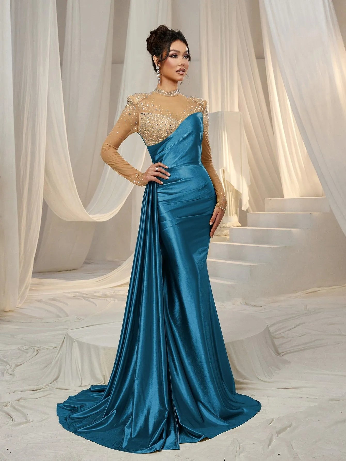 Rhinestone Detail Mock Neck Satin Mermaid Prom Dress