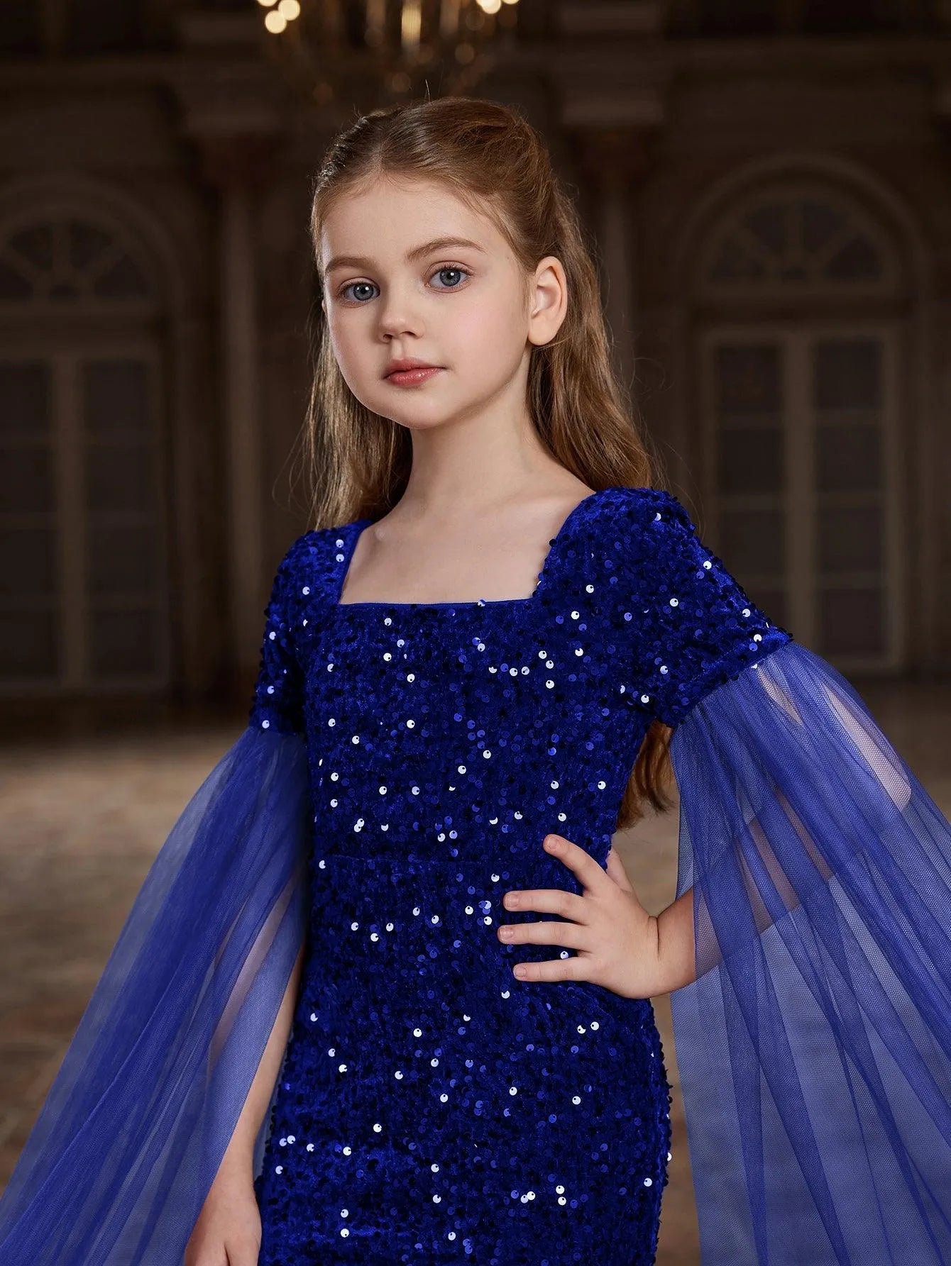 Tween Girls' Square Collar Cloak Sleeves Sequin Mermaid Dress