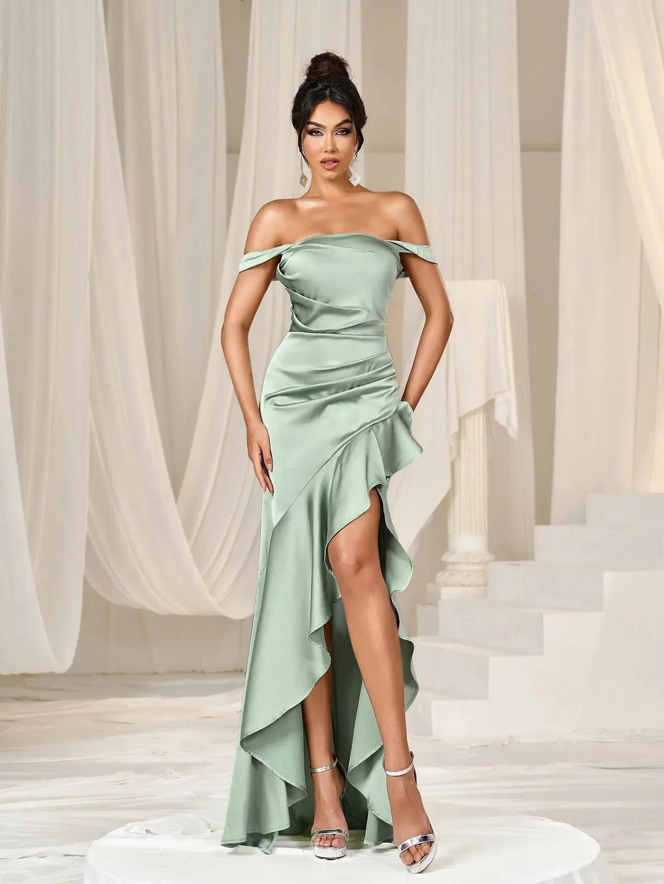 Elegant Off Shoulder Asymmetrical Ruffle Hem Party Dress