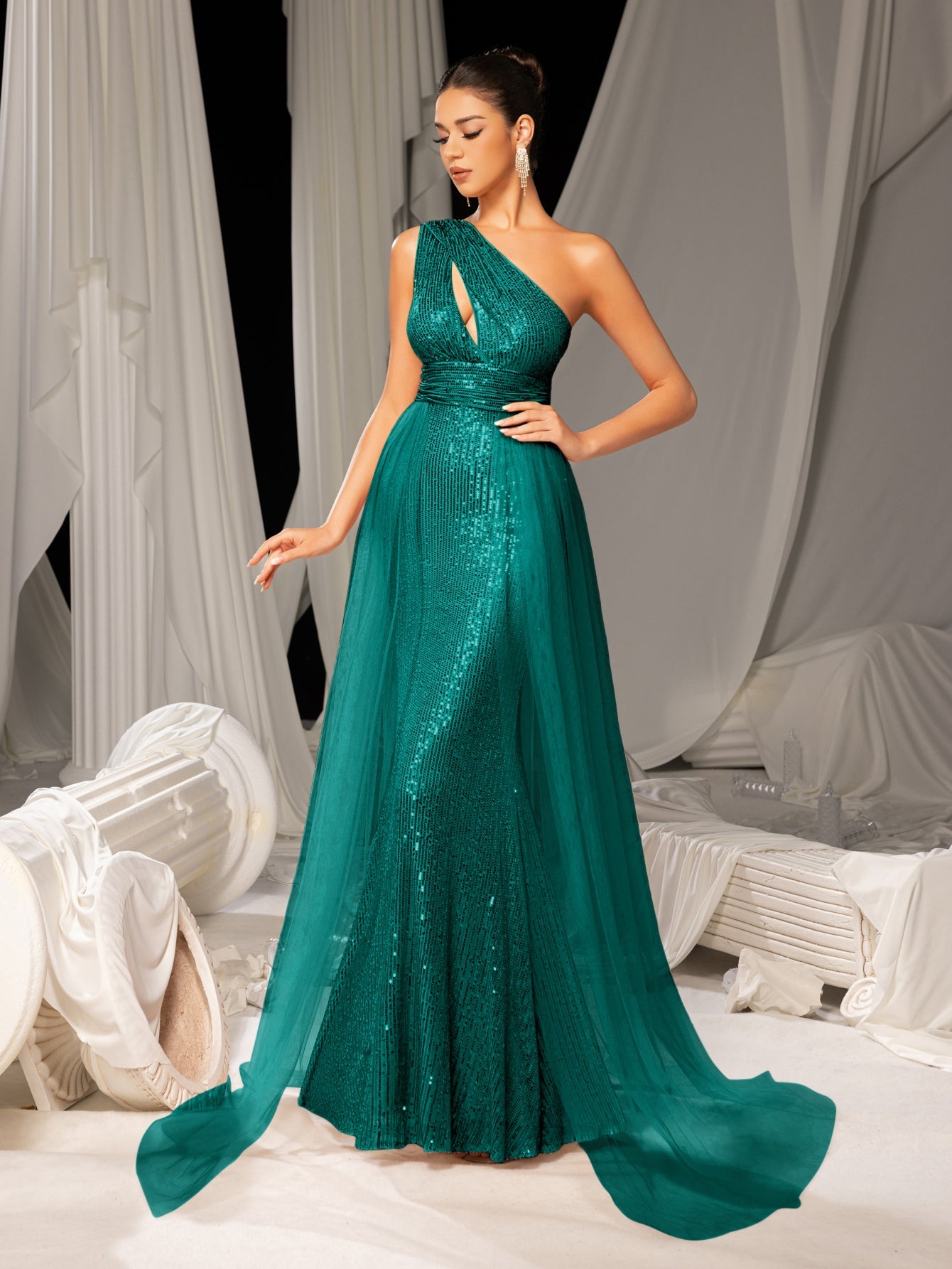 Elegant One Shoulder Sleeveless Mesh Overlay Sequin Formal Prom Dress