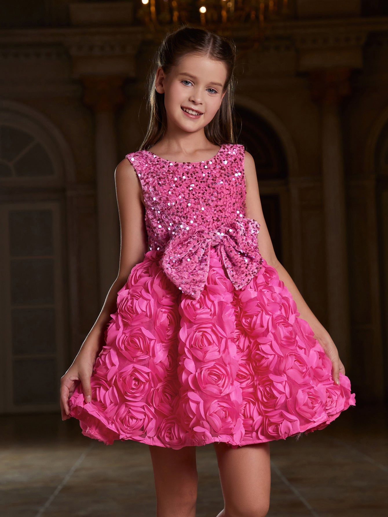 Girl's Cute Applique Contrast Sequin Party Dress