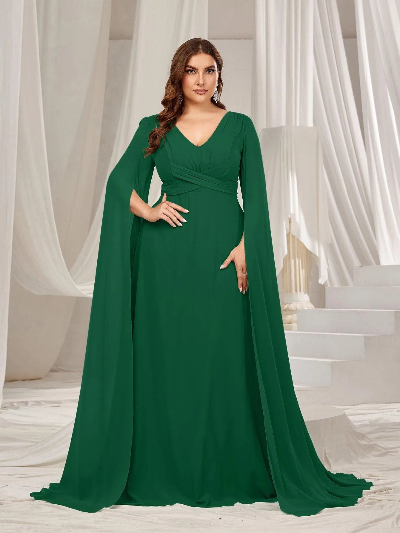 Plus Solid Ruched Front Extra-Long Sleeves Chiffon Prom Dress