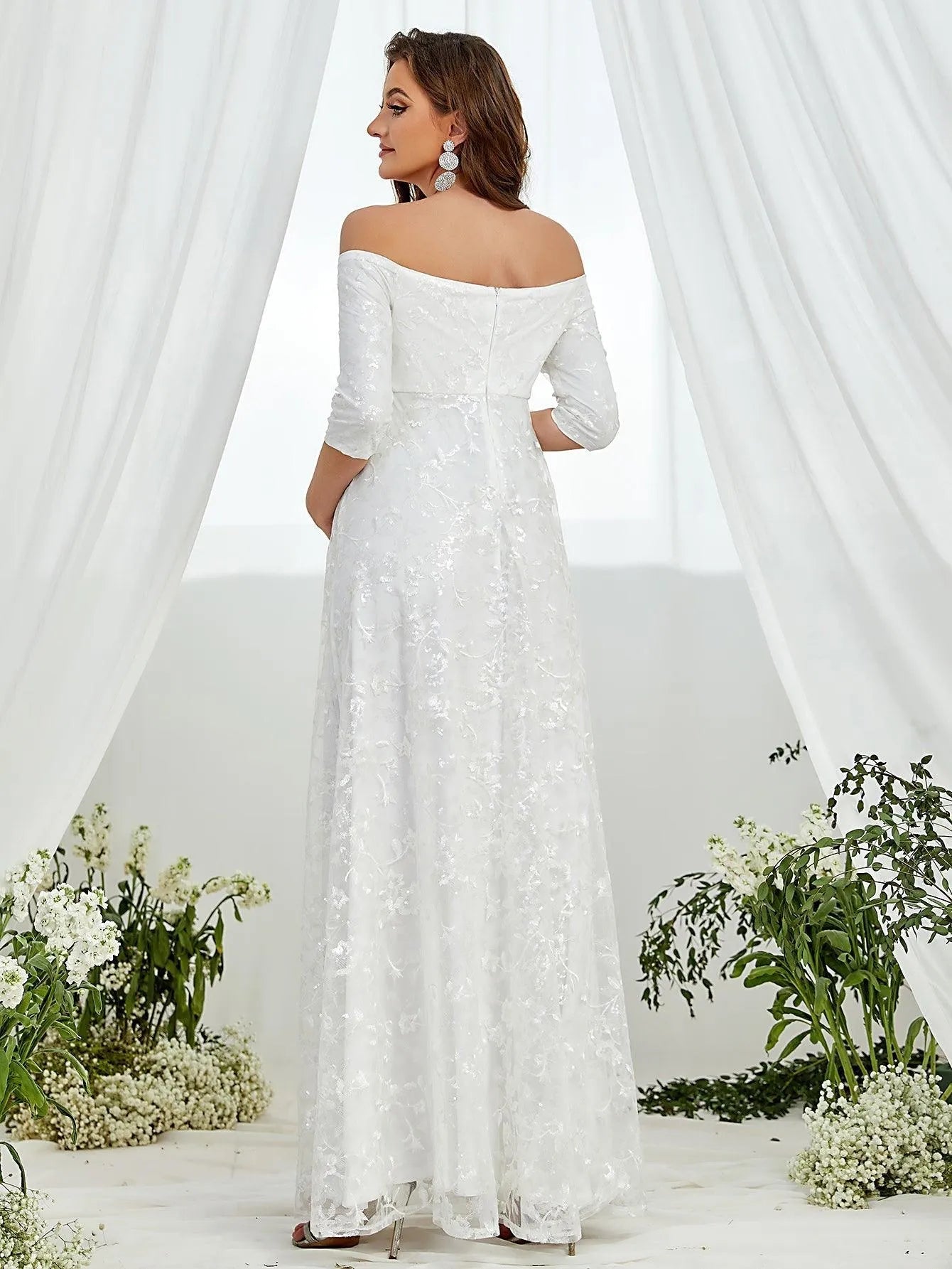 Maternity Off Shoulder Embroidered Mesh Wedding Dress