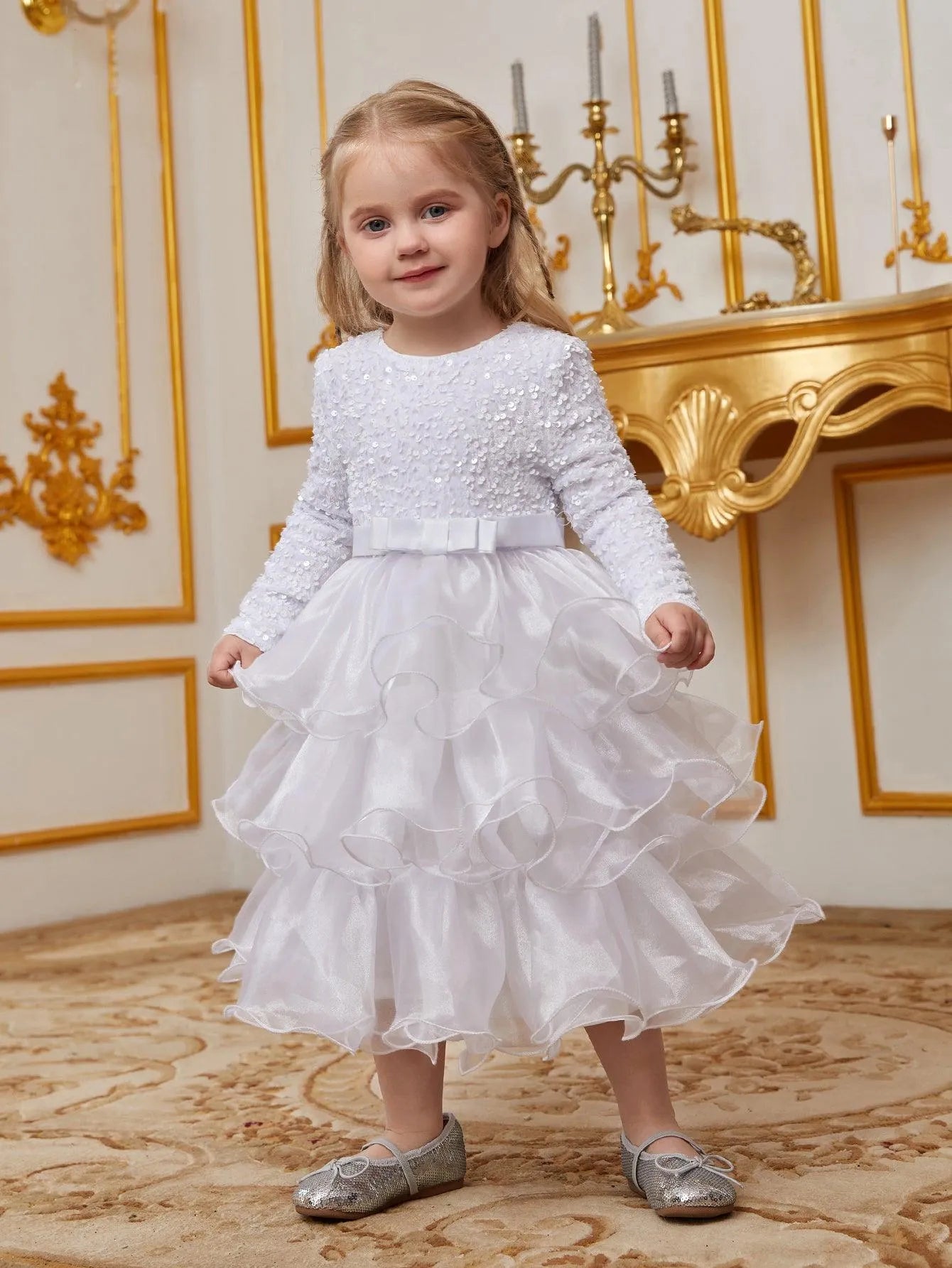 Young Girls' Sequin Contrast Layered Organza Hem Dress