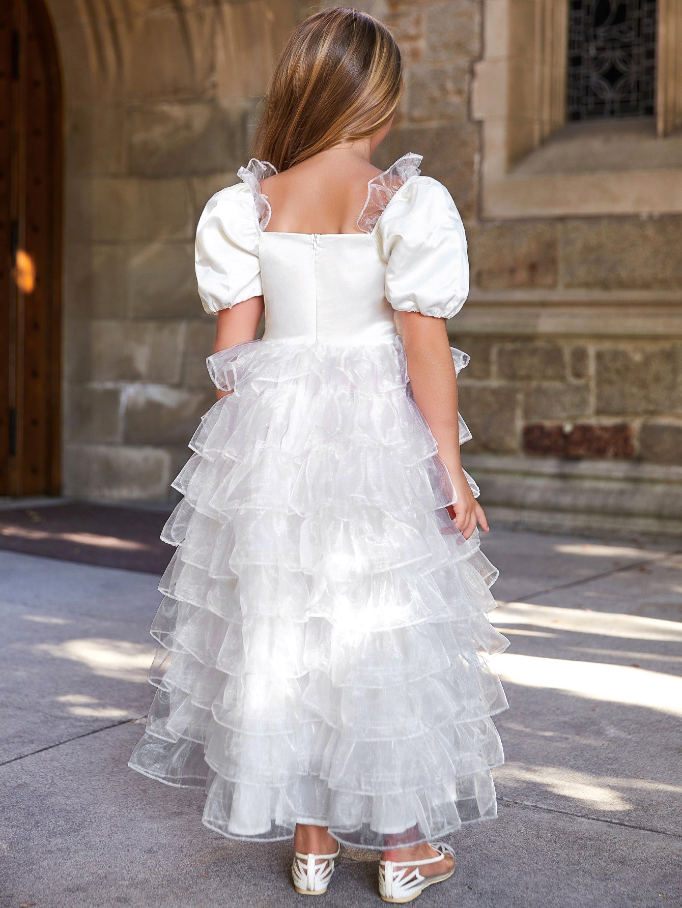 Girl's Puff Sleeve Organza Layered Hem Cake Dress