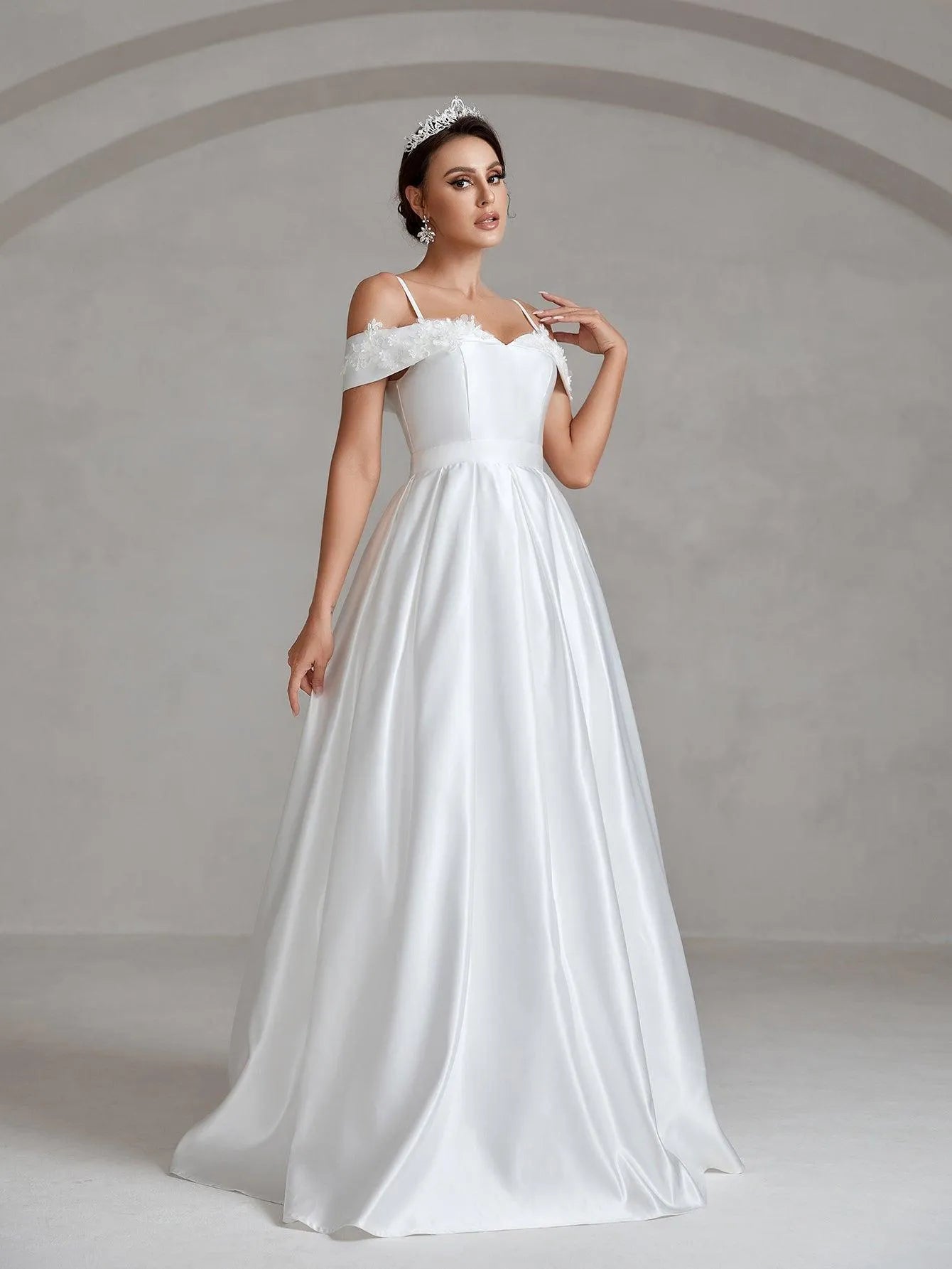 Floral Applique Cold Shoulder Satin Wedding Dresses