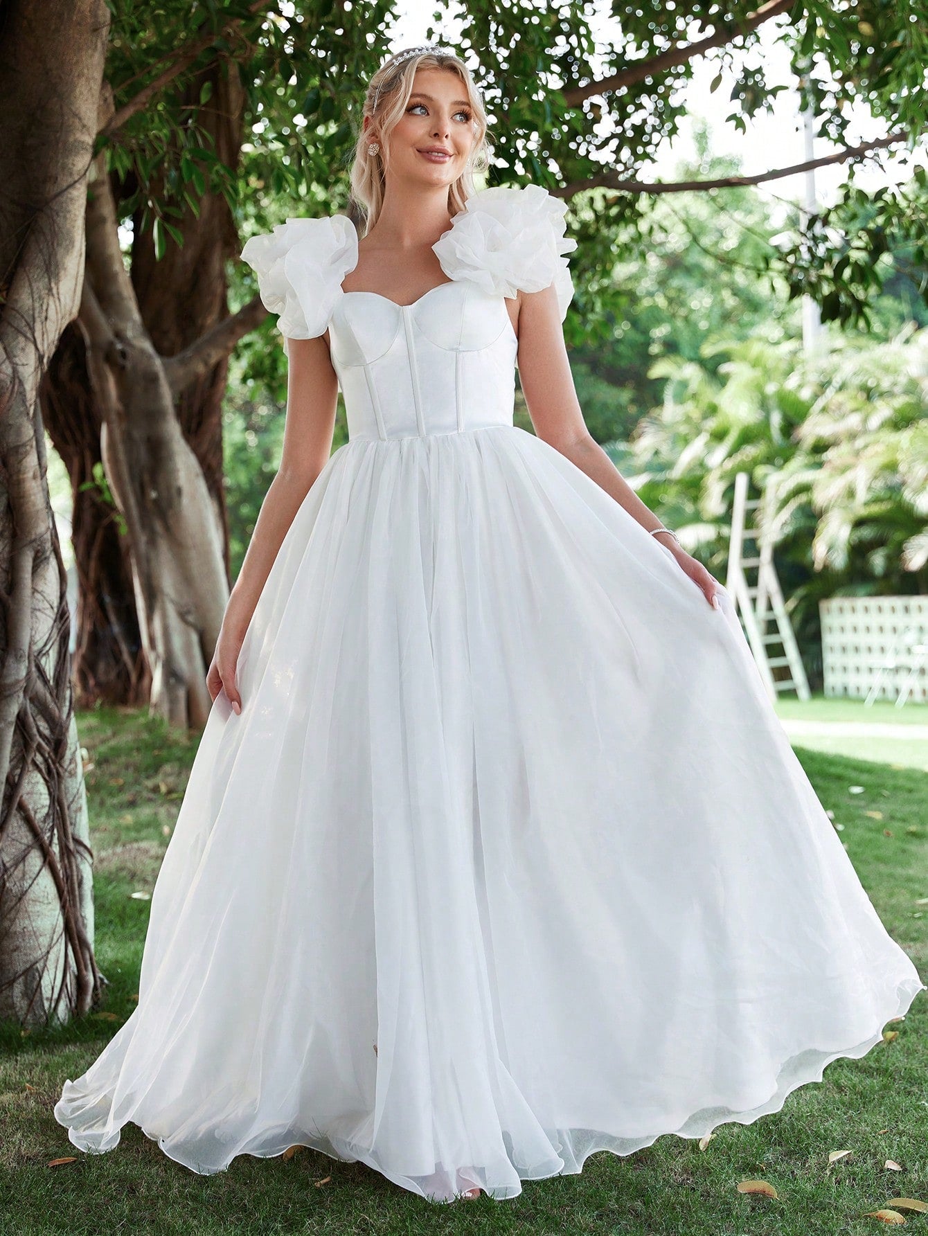 Satin Bodice Contrast Organza Hem Brides Dress