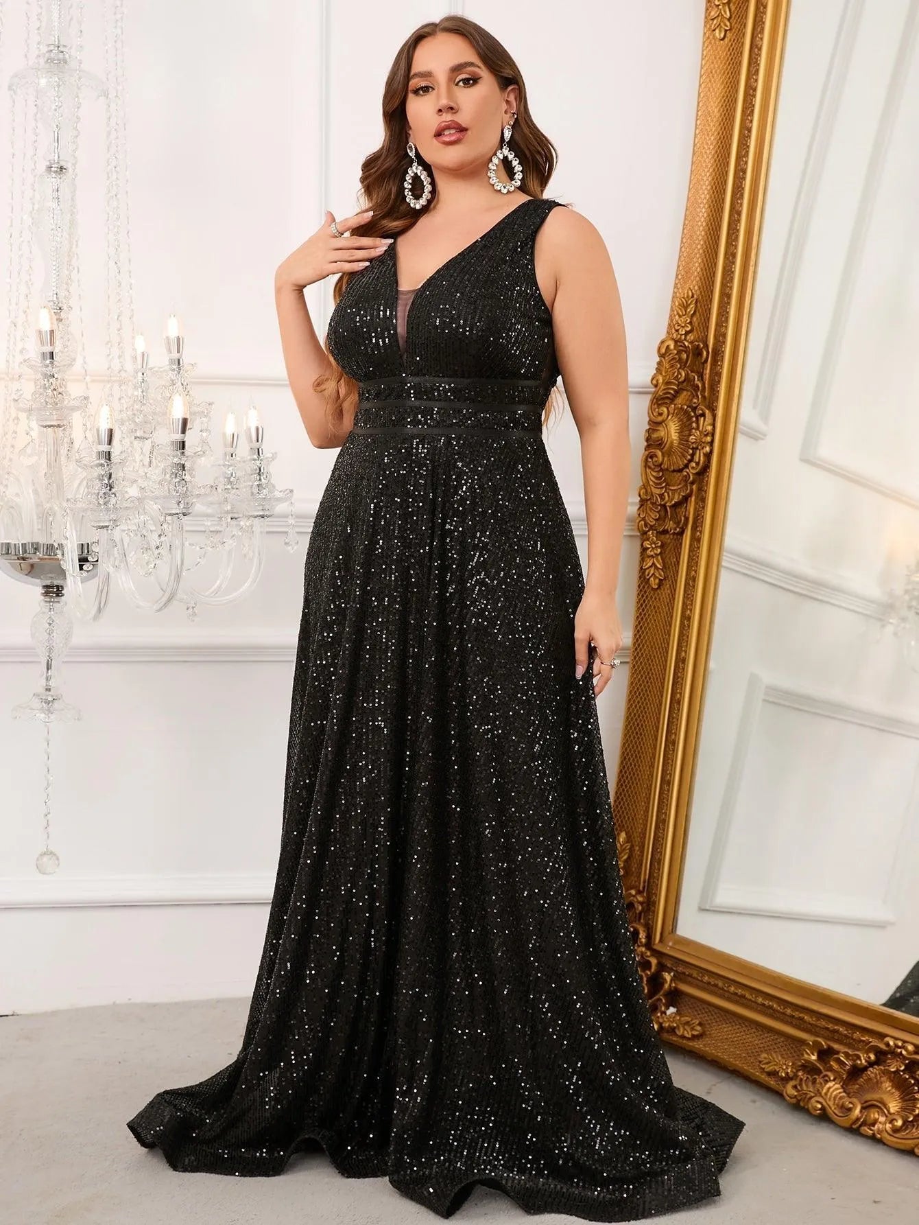 Plus Plunging Neck Sequin Floor Length Dress