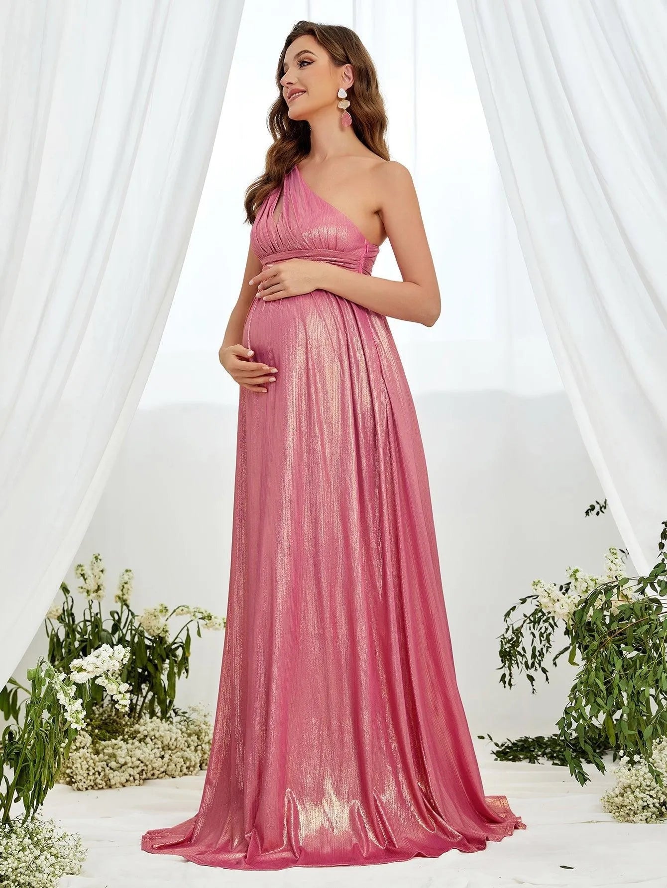 Maternity One Shoulder Sleeveless Metallic Party Dress