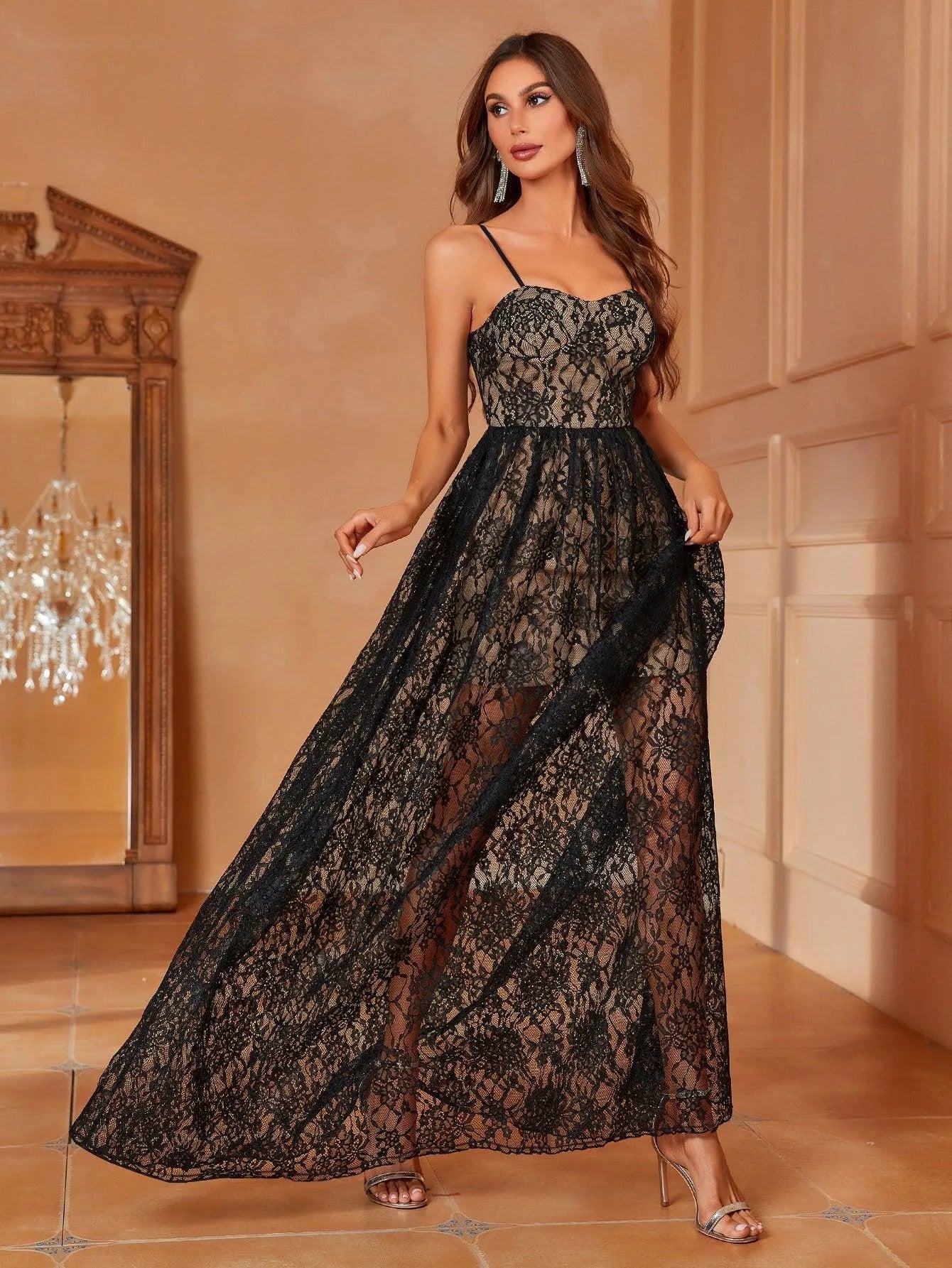 Lace Overlay Cami Formal Dress