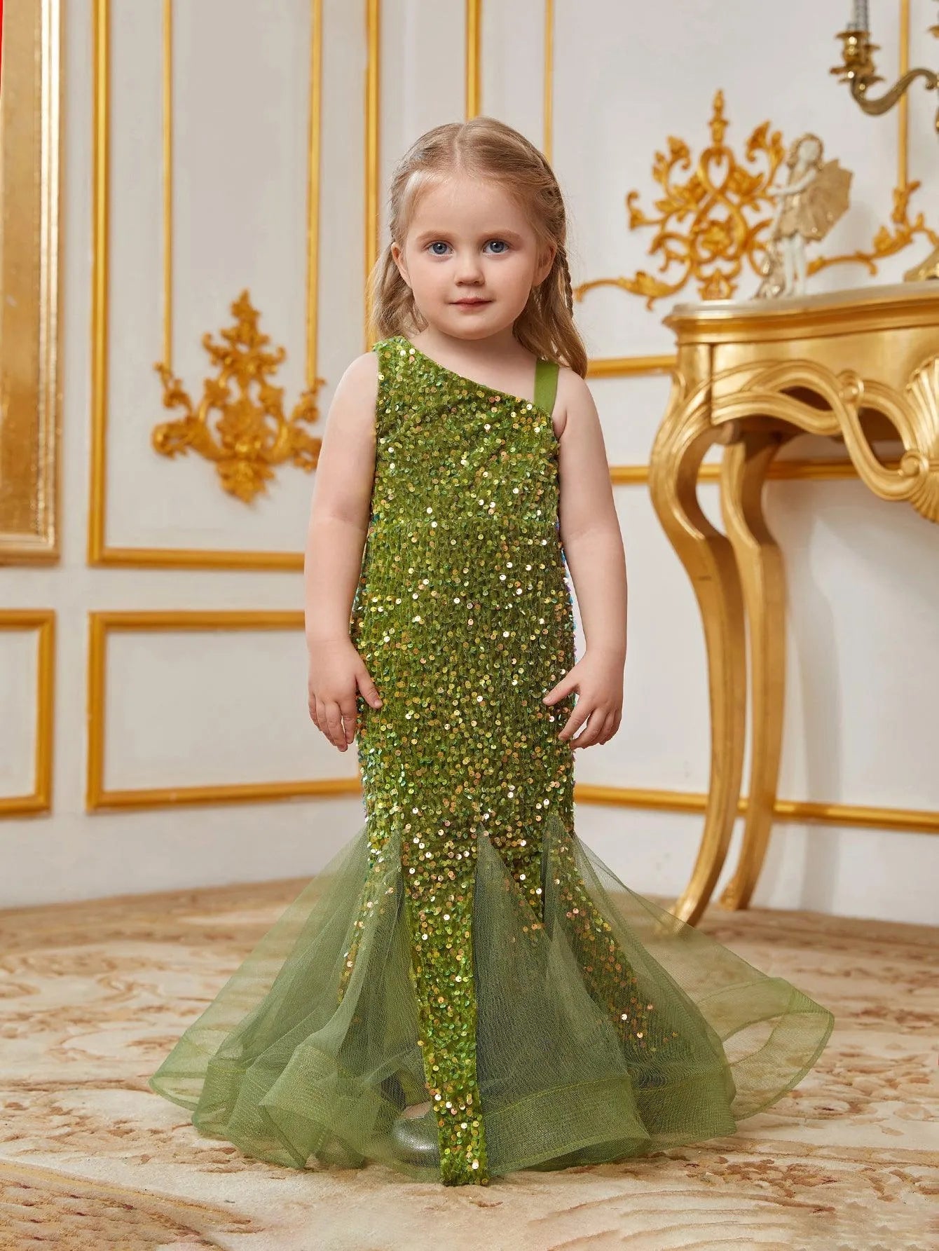 Young Girls' Mesh Insert Mermaid Hem Sequin Dress