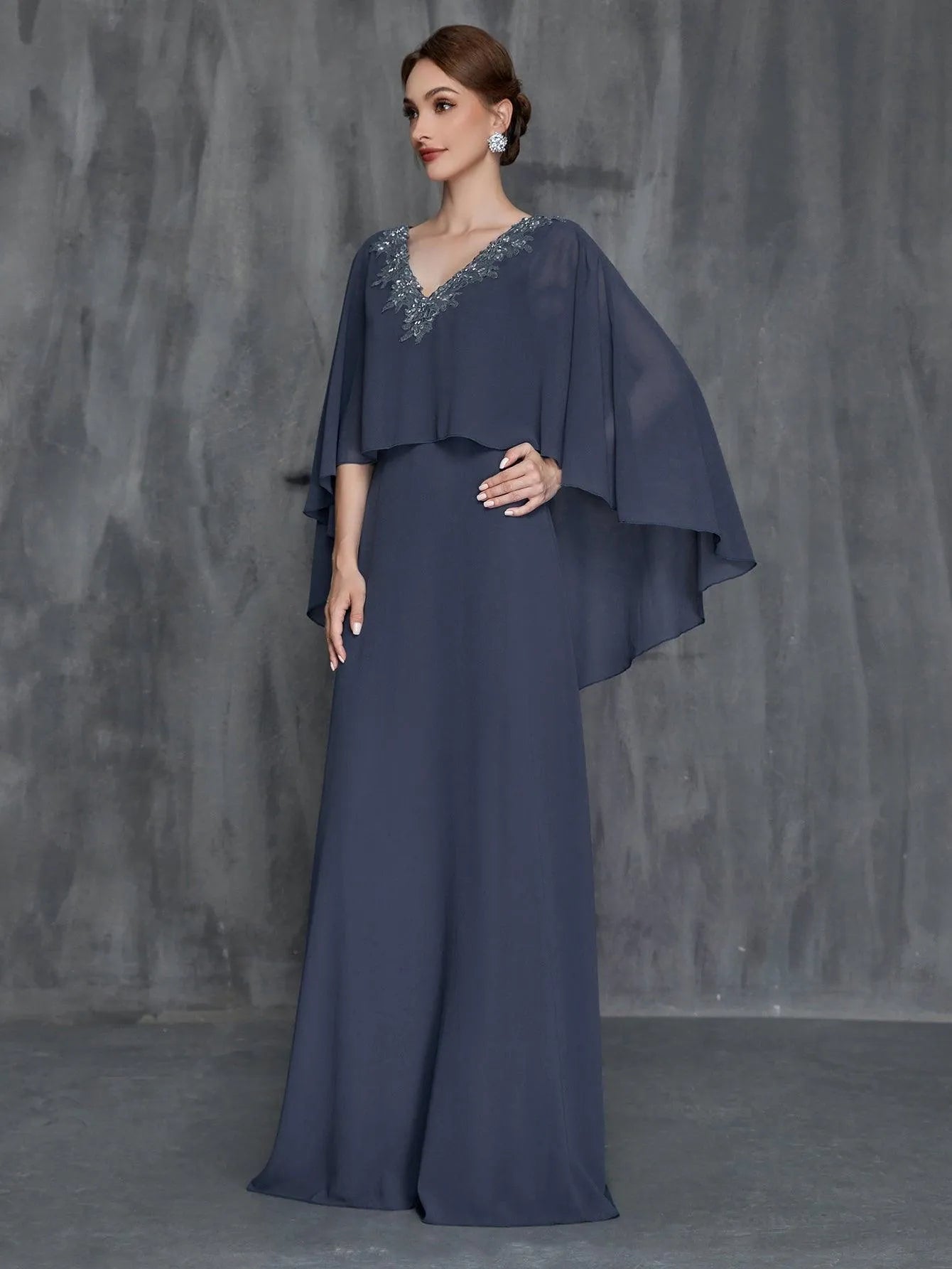 Womens' Solid Applique Detail V Neck Chiffon Cape Dress