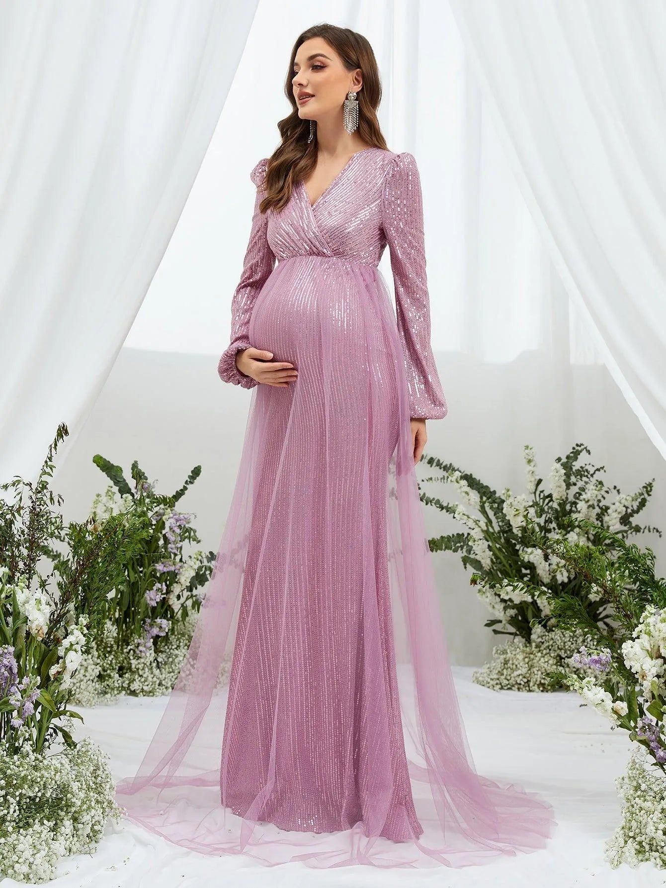 Maternity Surplice Neck Contrast Mesh Sequin Party Dress