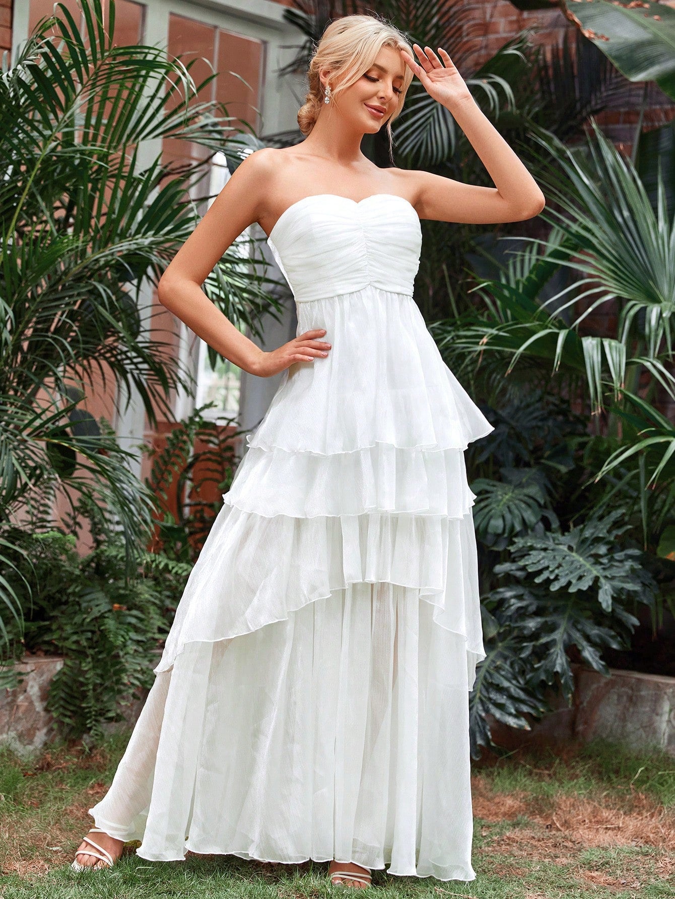 Ruched Bust Layer Hem Chiffon Tube Wedding Dress