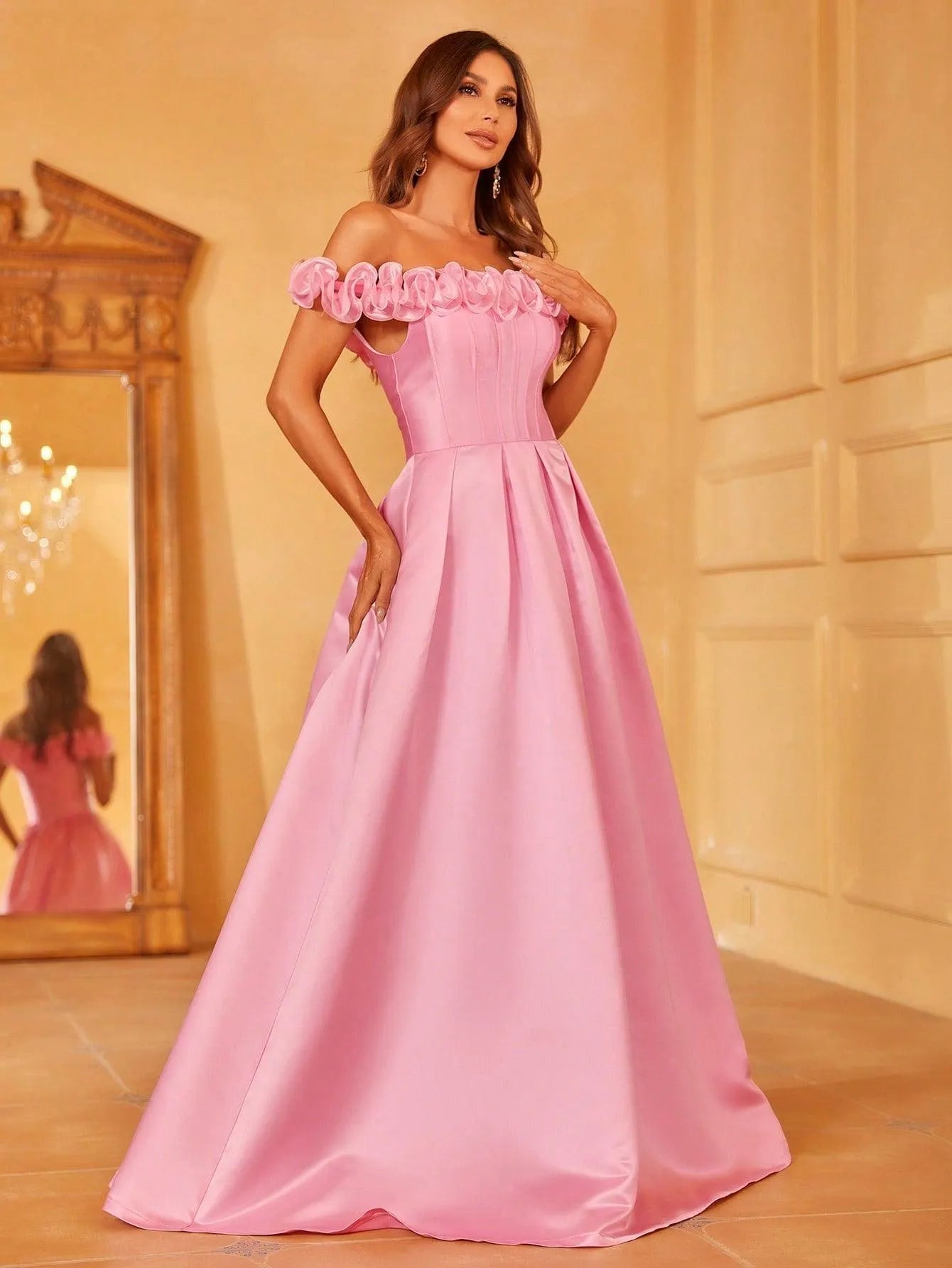 Off Shoulder Ruffle Trim Satin Prom Dress