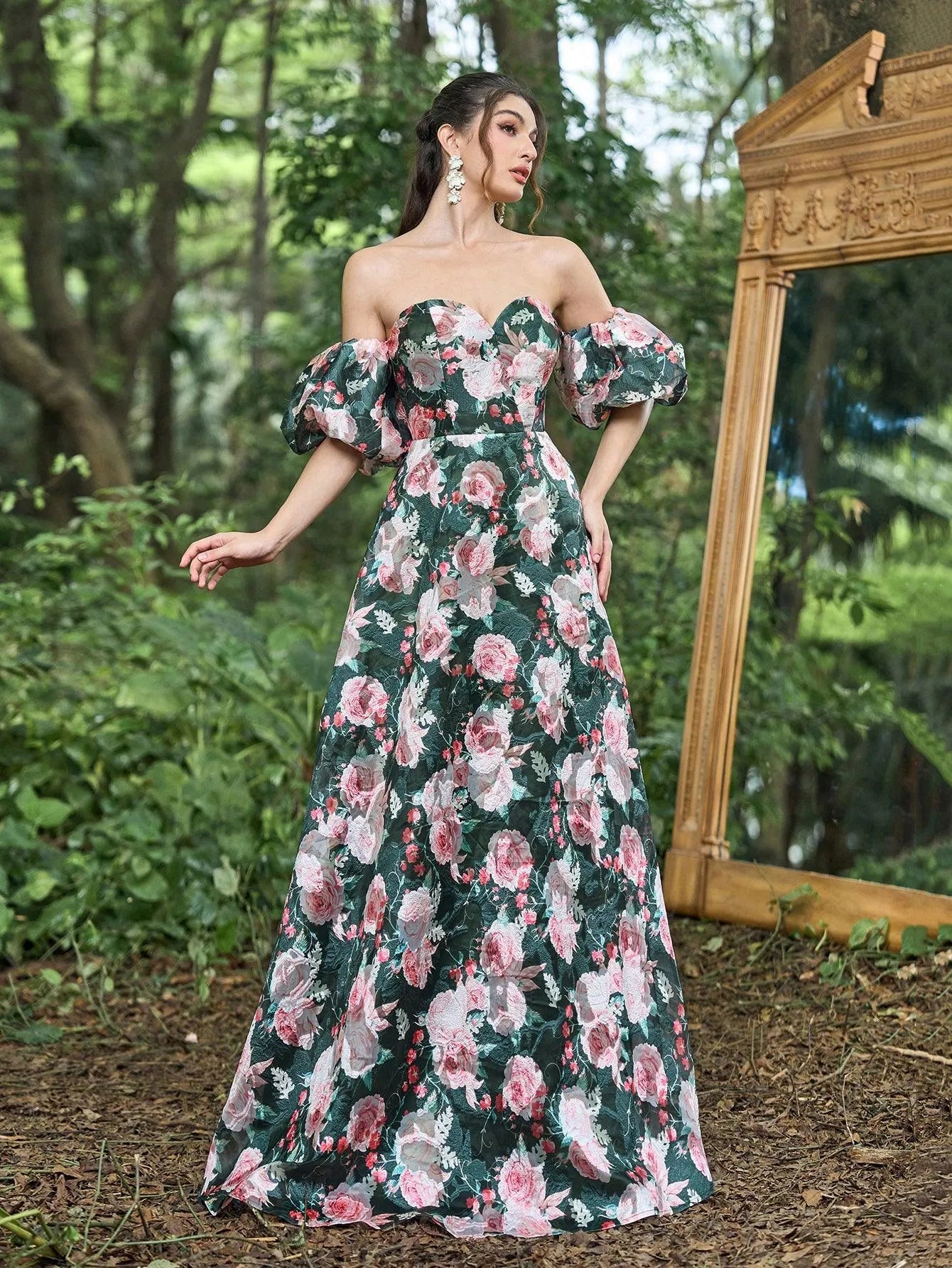 Floral Jacquard Off Shoulder Puff Sleeves Prom Dress