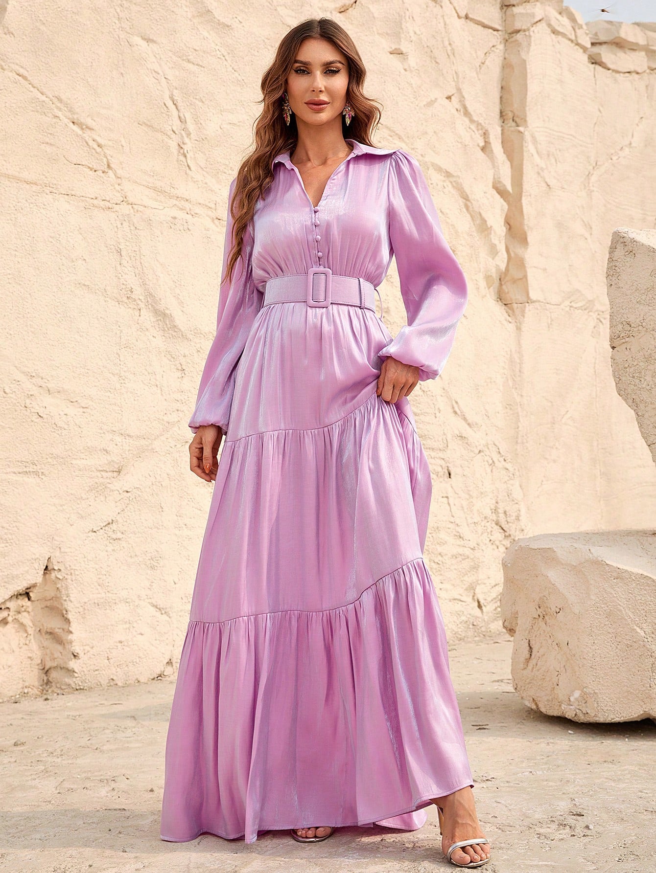 Elegant Lantern Sleeve Ruffle Hem Belted Chiffon Dress