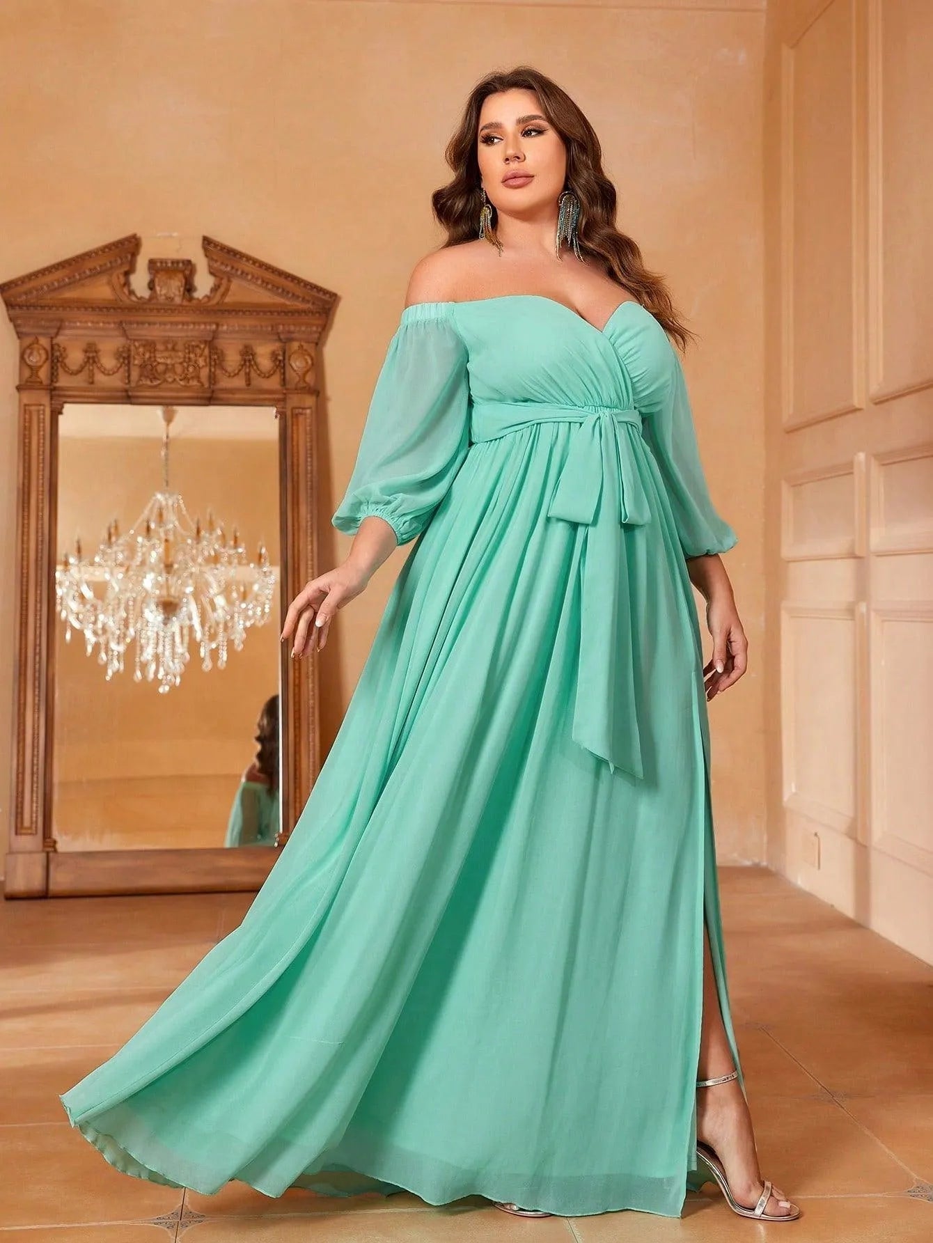 Plus Off Shoulder Split Thigh Belted Chiffon A Line Dress