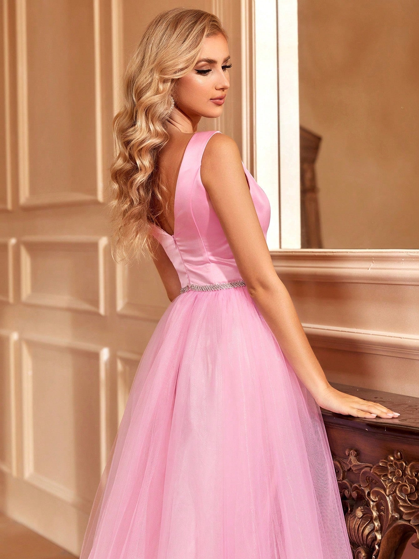 Sweetheart Neck Sleeveless Rhinestone Detail Satin A Line Dresses