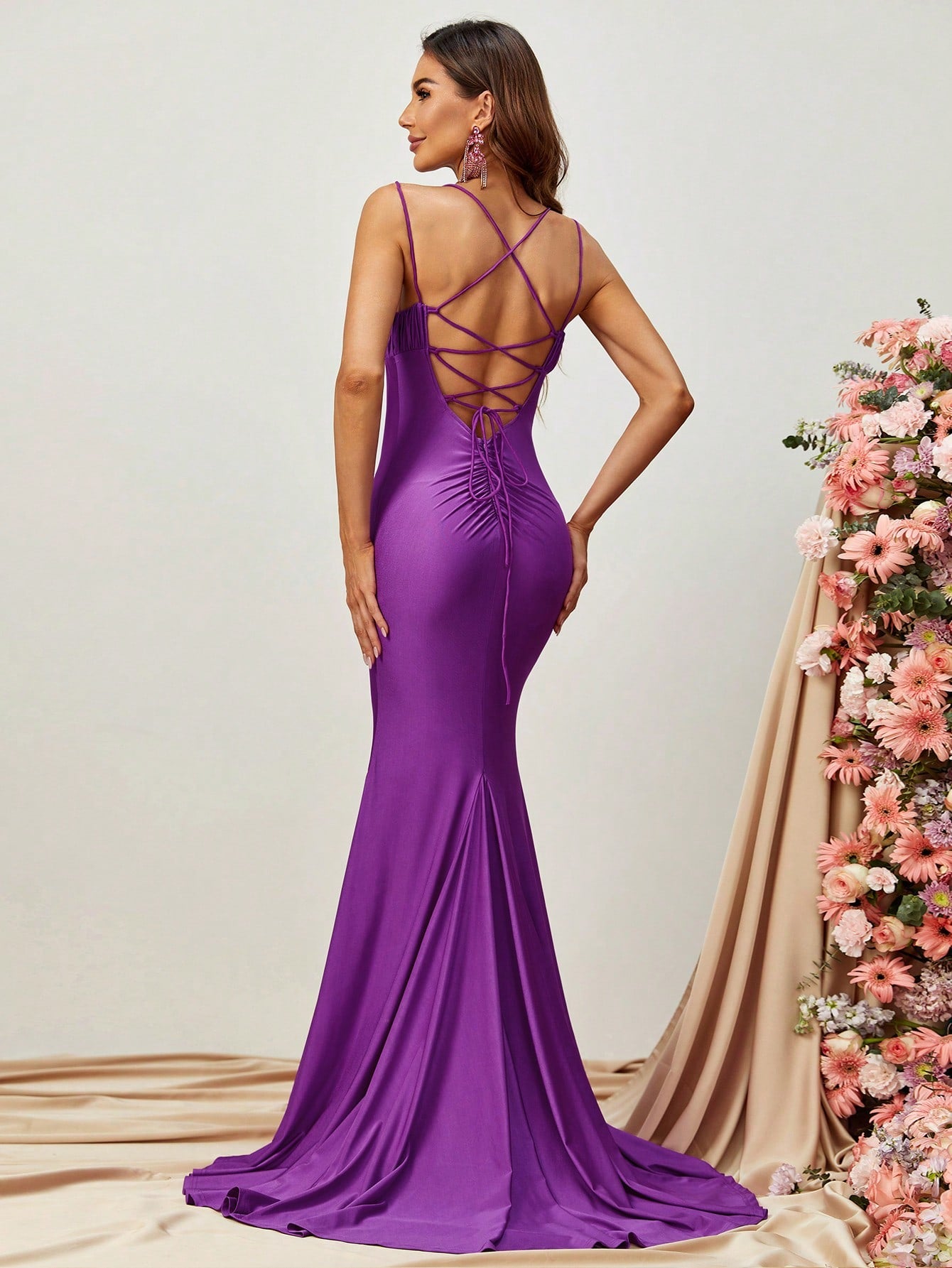 Surplice Neck Spaghetti Strap Slit Satin Dresses