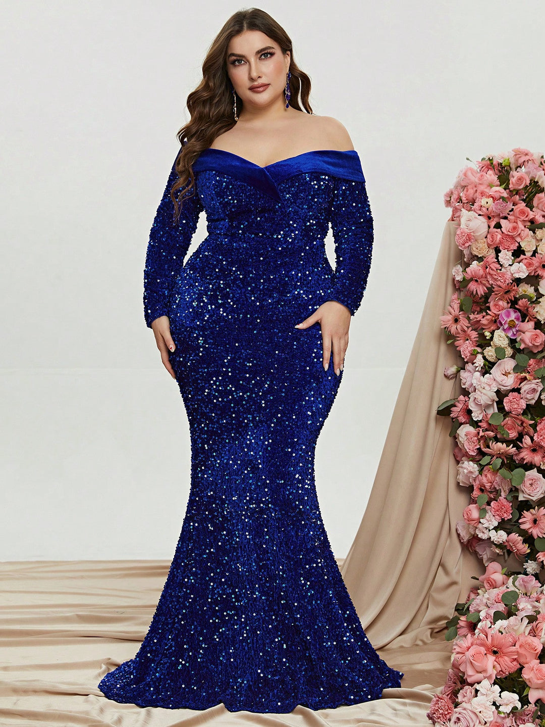 Plus Off Shoulder Long Sleeve Sequin Mermaid Dresses