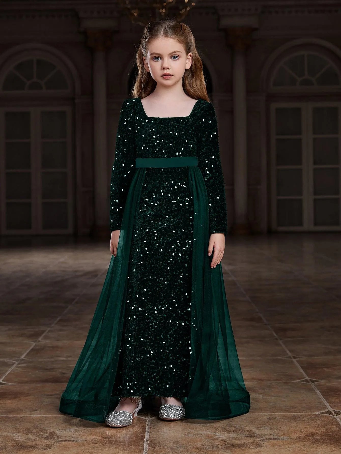 Tween Girls' Square Collar Long Sleeves Sequin Mermaid Dress