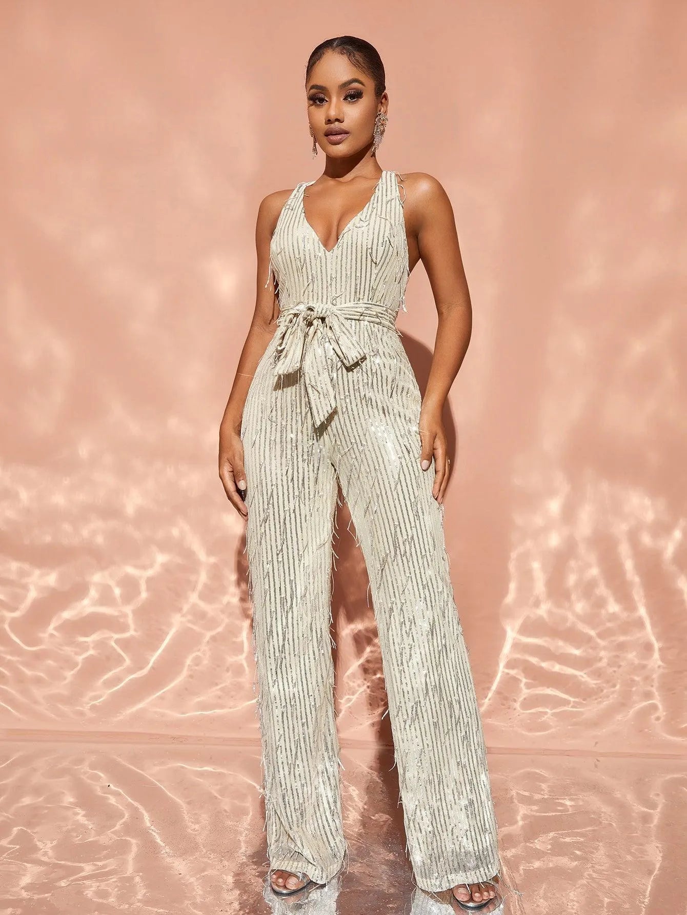 Chic Halter Neck Backless Sequin Belted Jumpsuit