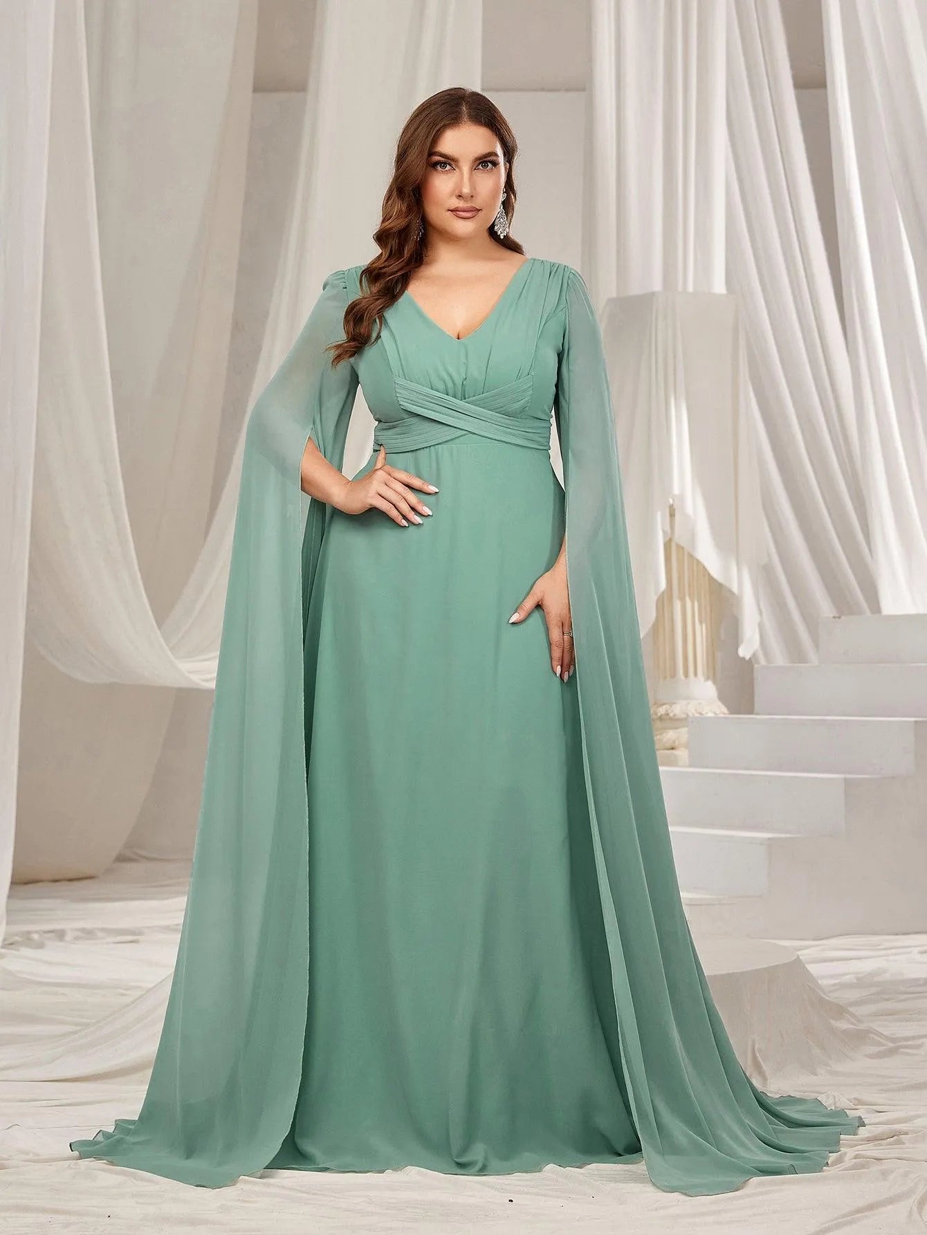 Plus Solid Ruched Front Extra-Long Sleeves Chiffon Prom Dress