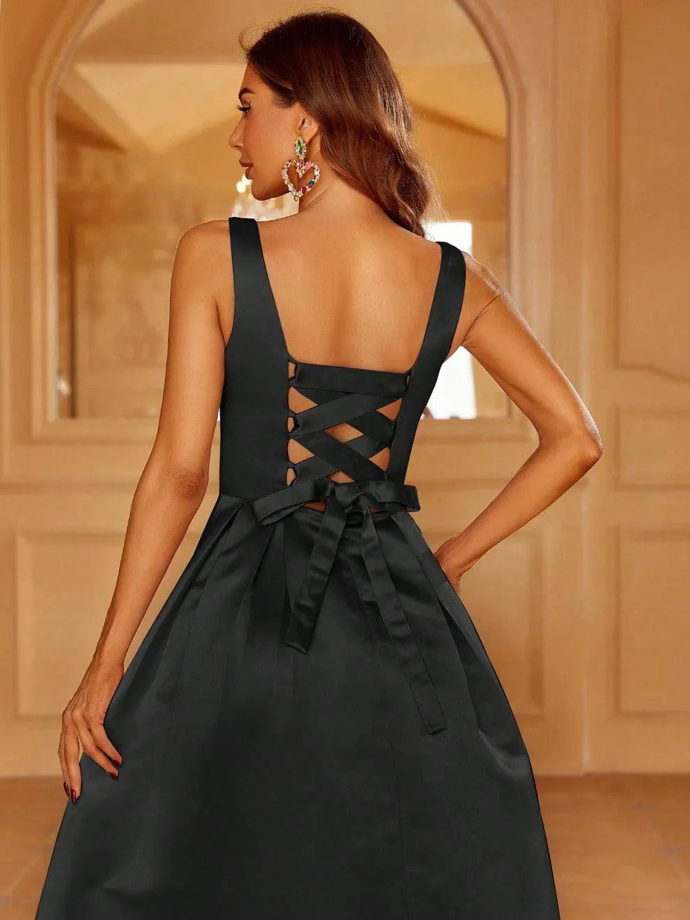 Square Neck Back Lace Up Satin A Line Dresses